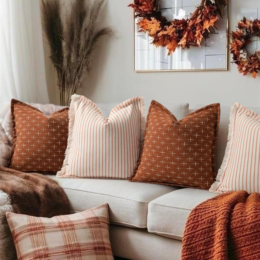Zwjd Fall Pillow 12x20 Pillow Covers Set of 2 Soft Polyester Textured Rust Pillow Covers with Stylish Flange Edge Cozy Farmhouse Throw Pill…
