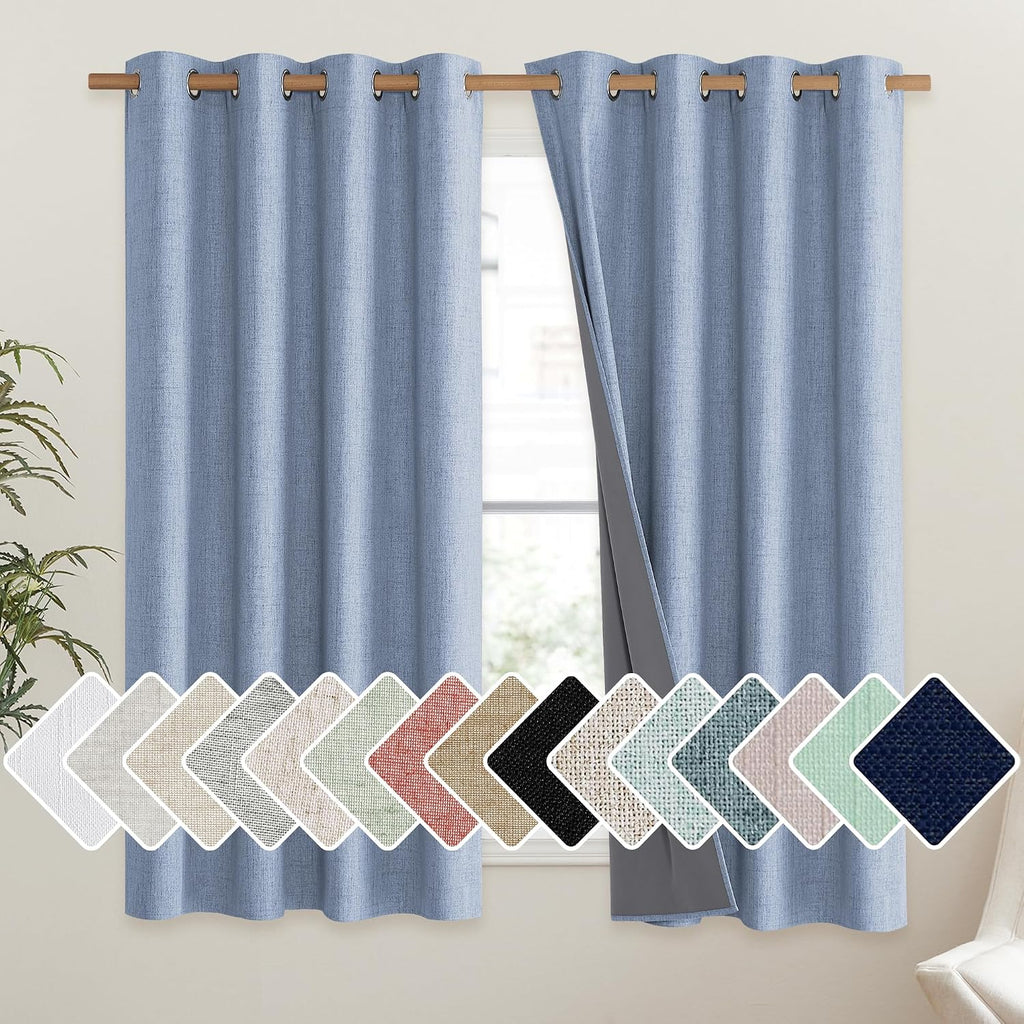 NICETOWN Stone Blue Vintage Linen 100% Blackout Curtains for Living Room, Thermal Insulated Curtains 48" Long, Noise Reducing Window…