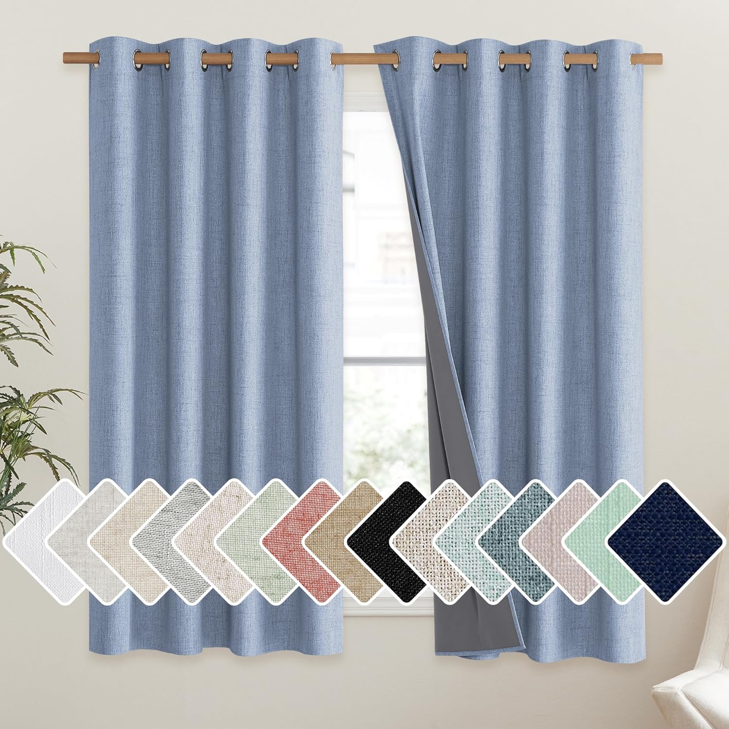 NICETOWN Stone Blue Vintage Linen 100% Blackout Curtains for Living Room, Thermal Insulated Curtains 45" Long, Noise Reducing Window…
