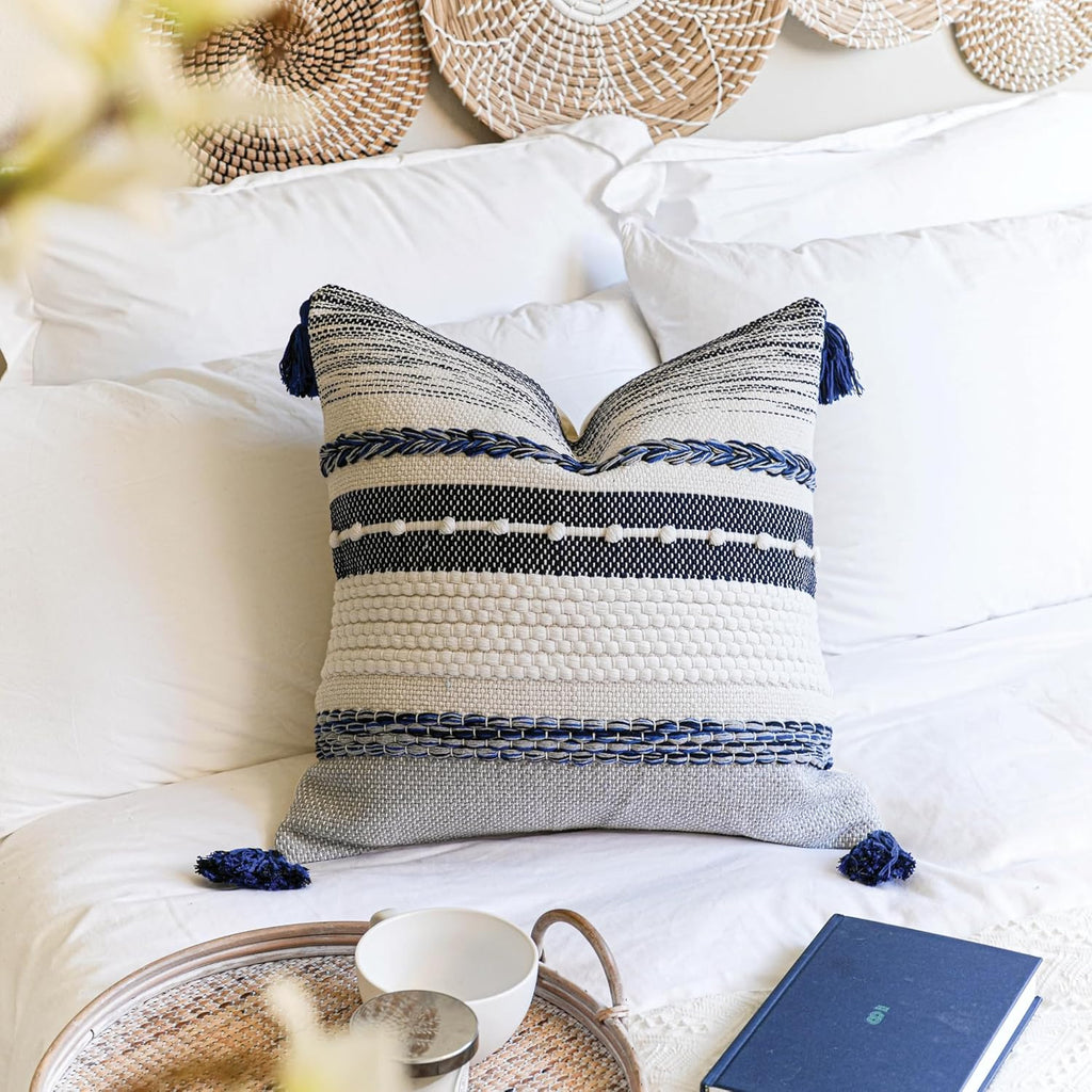 BlissBlush Navy Dark Blue Boho Throw Pillow Cover 22x22 Grey Decorative Accent Pillow for Couch Square Woven Textured Pillowcase Modern…