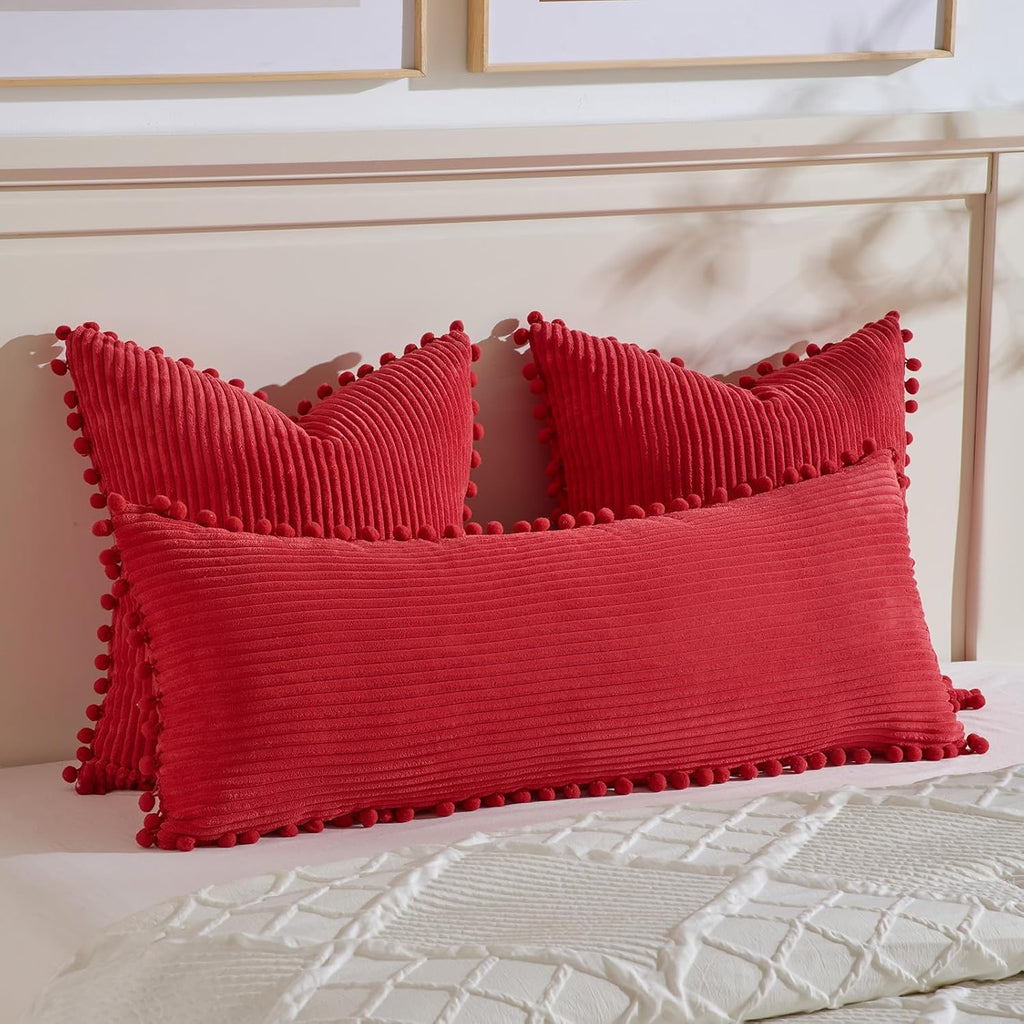Fancy Homi 1 Pack Red Long Lumbar Body Decorative Throw Pillow Covers 20x54 Inch with Pom-poms for Couch Sofa Bed, Farmhouse Boho Rustic…