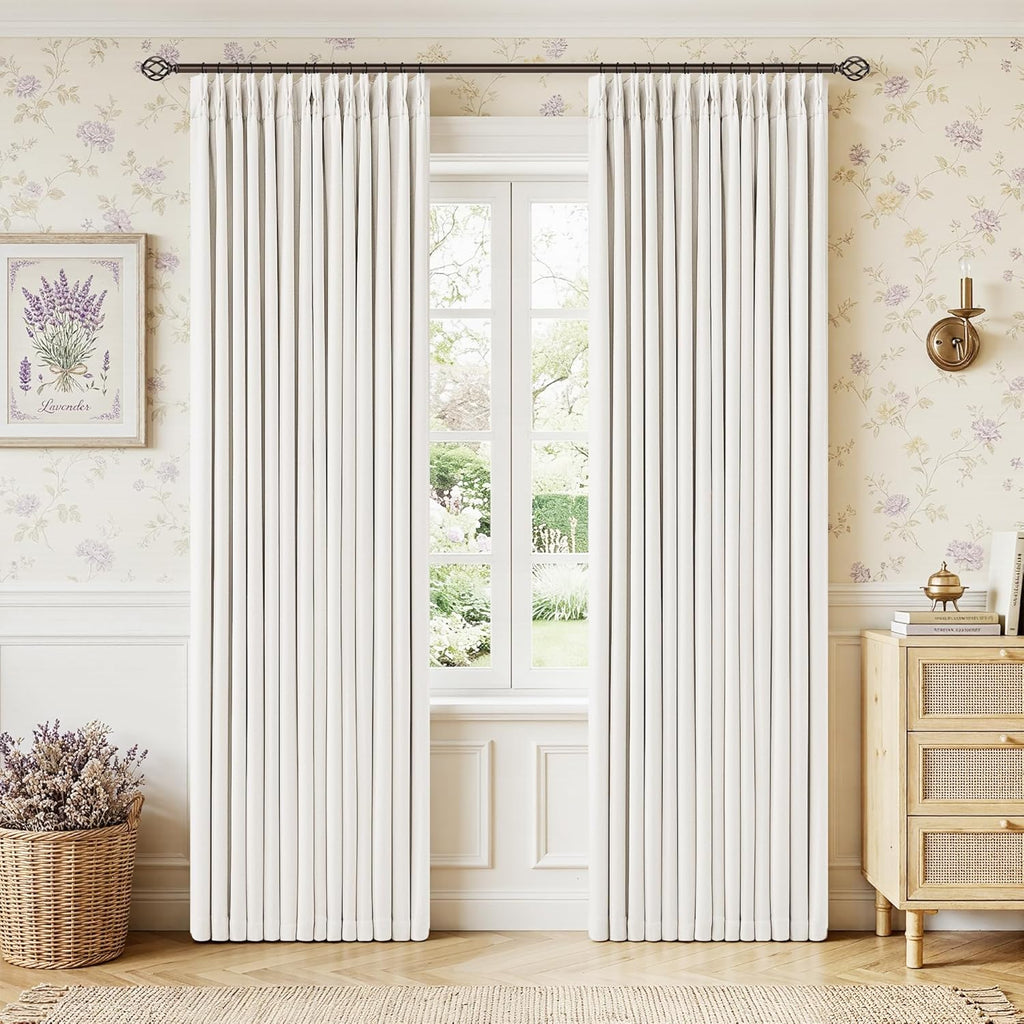 Twodrapes Ivory Linen Blackout Pleated Curtains 84 Inches Long 2 Panels Set Pinch Pleate 100% Black Out Double Layer Natural Burlap Thermal…