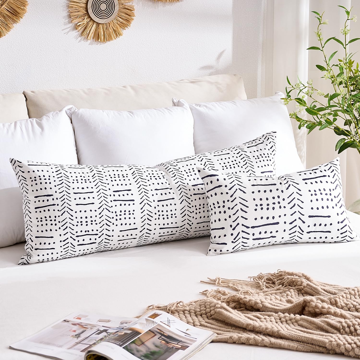 BONSTRAP White Boho Body Pillows Covers Decorative Long Lumbar Accent Throw Pillow Covers Large Queen 20x54 1 Piece for Bed Sleeping…