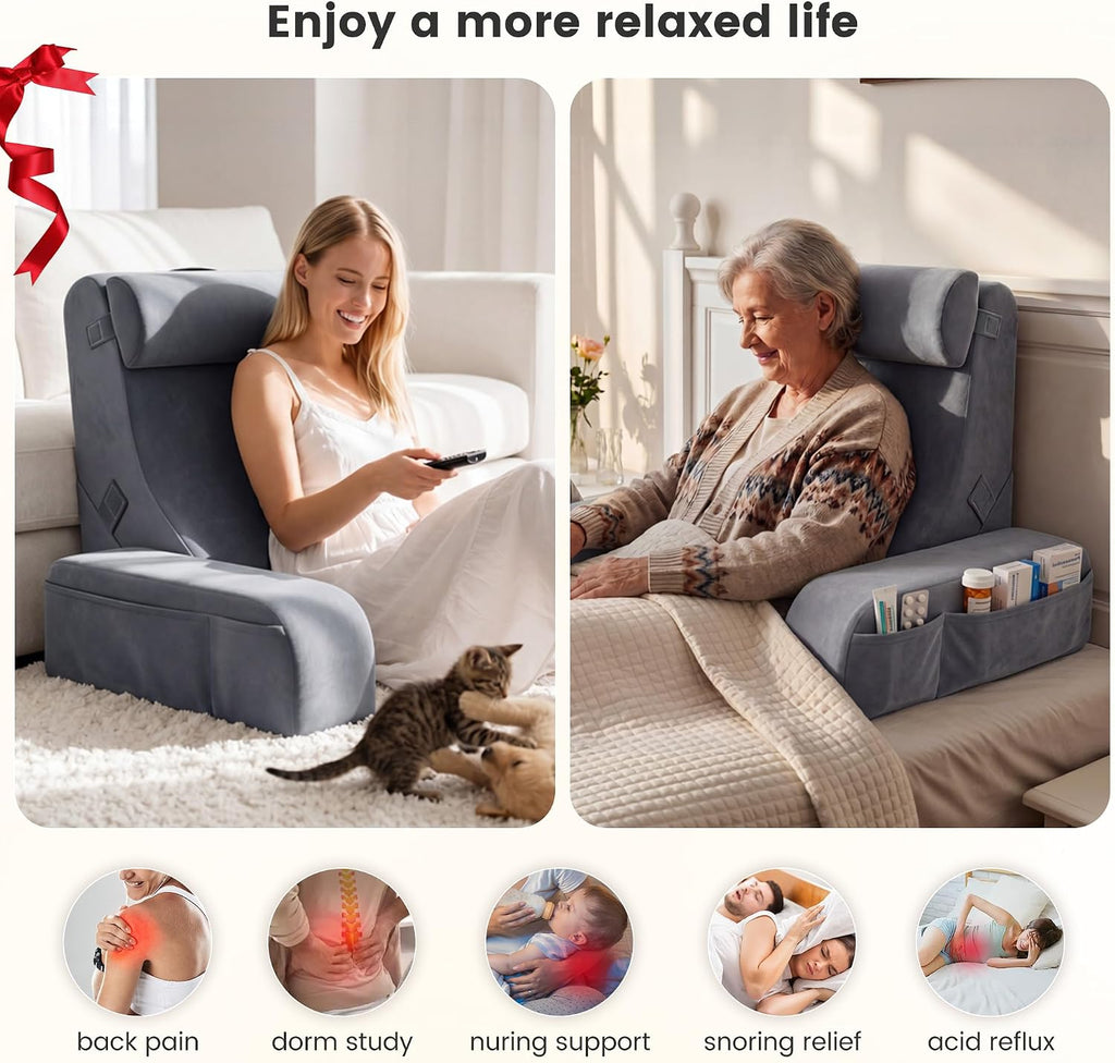 ElevateYourHome, EnhanceEver Homkdom Reading Pillow for Sitting in Bed Adult, 20" Back Pillow for Bed Sitting up with Armrests & Sto…