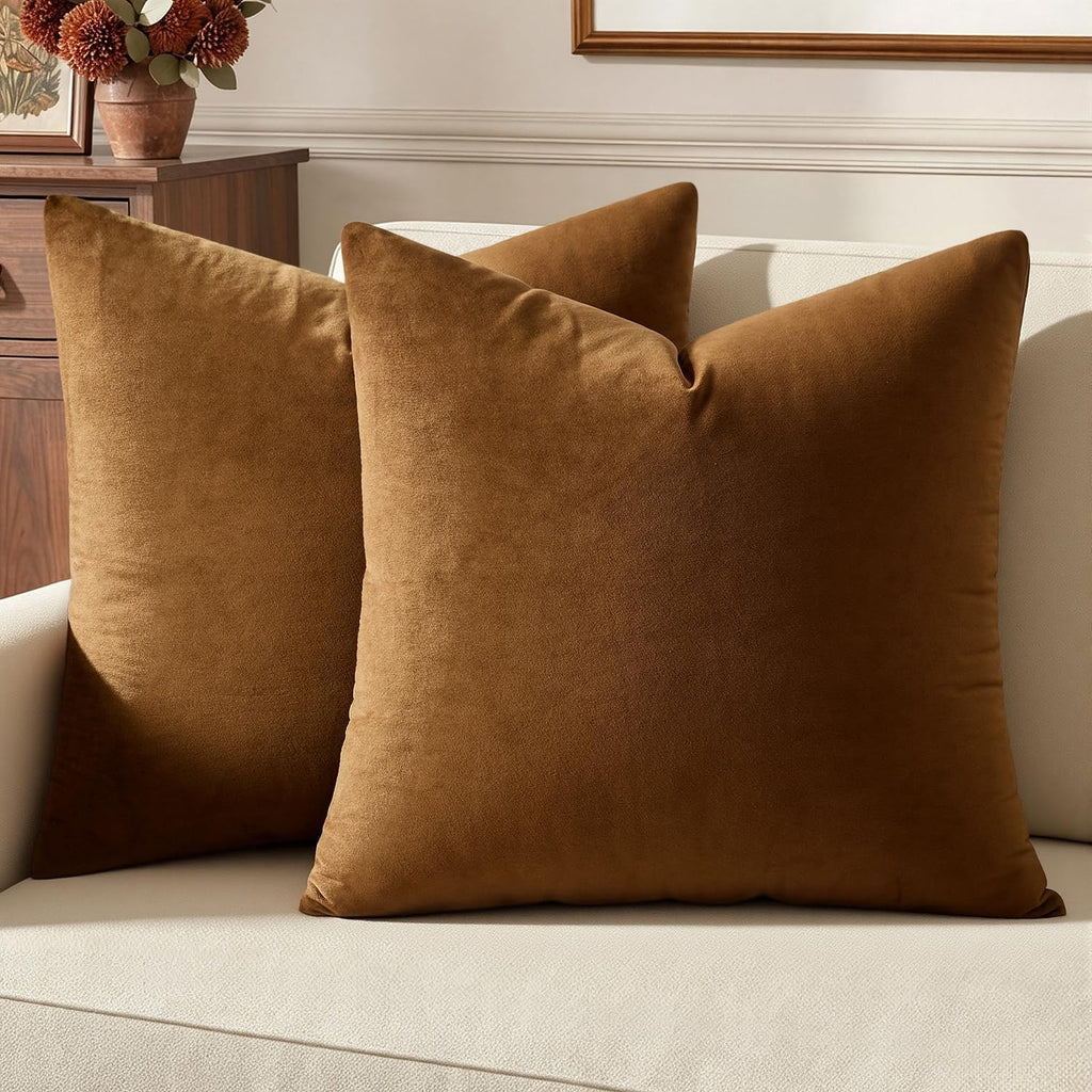 Miulee Velvet Throw Pillow Covers 20x20 Inch, Pack of 2 - Golden Brown, Super Soft Decorative Square Cushion Cases Modern Luxury Home Decor…