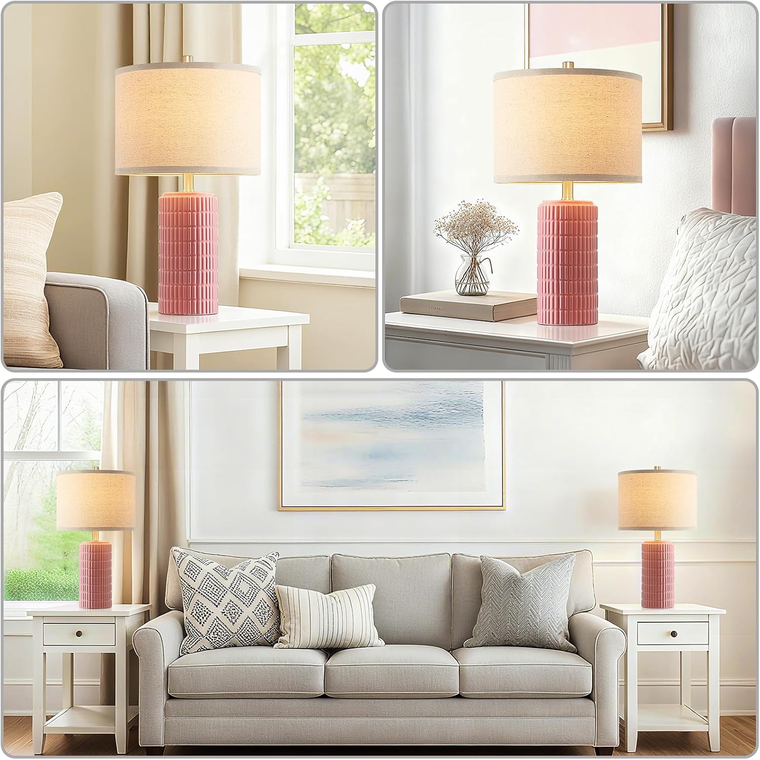 AIEAMPDO 23" Set of 2 Pink Ceramic Table Lamp for Living Room Bedroom, Modern Farmhouse Nightstand Desk Lamps for Dining Room Dresser End…