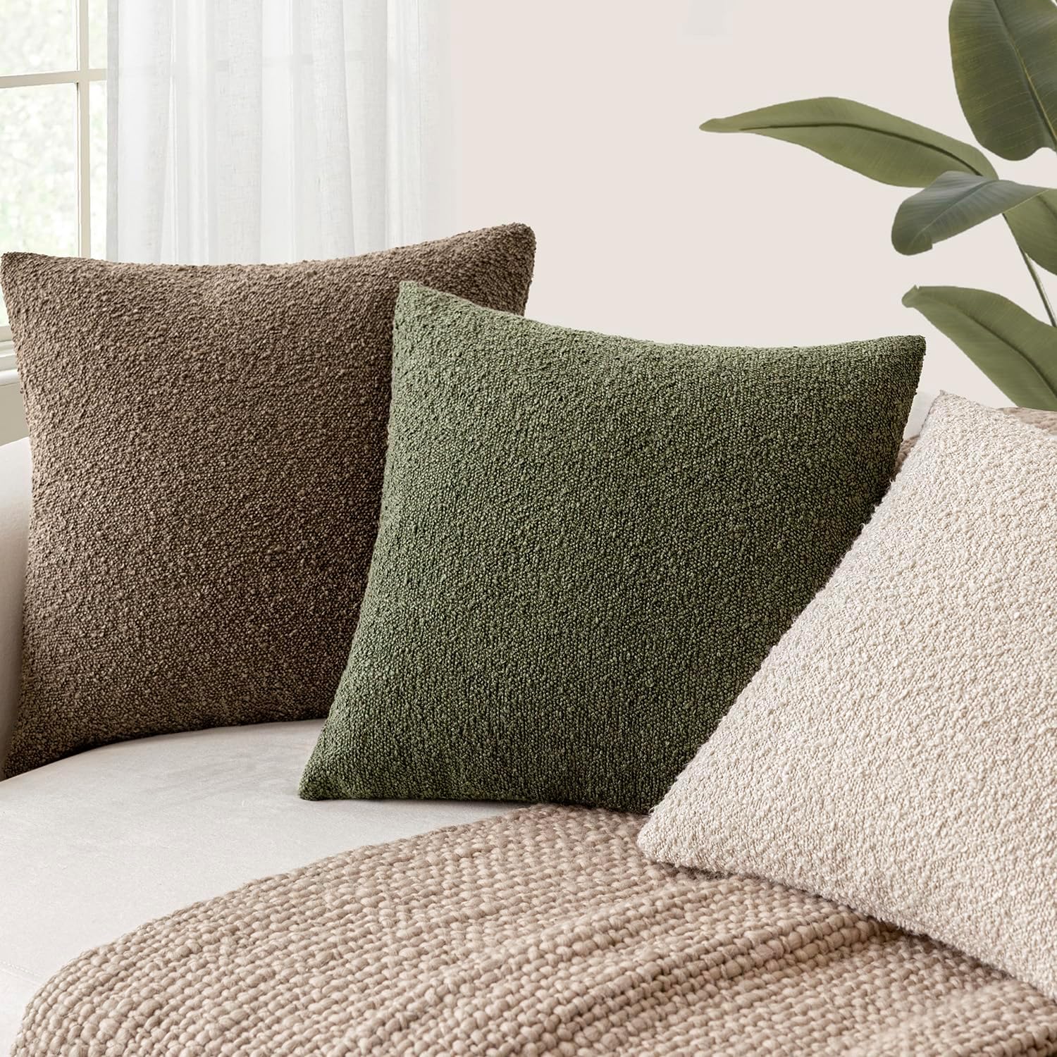 Foindtower Decorative Textured Boucle Throw Pillow Covers Accent Solid Pillow Cases Neutral Soft Cozy Couch Cushion Case for Chair Sofa…