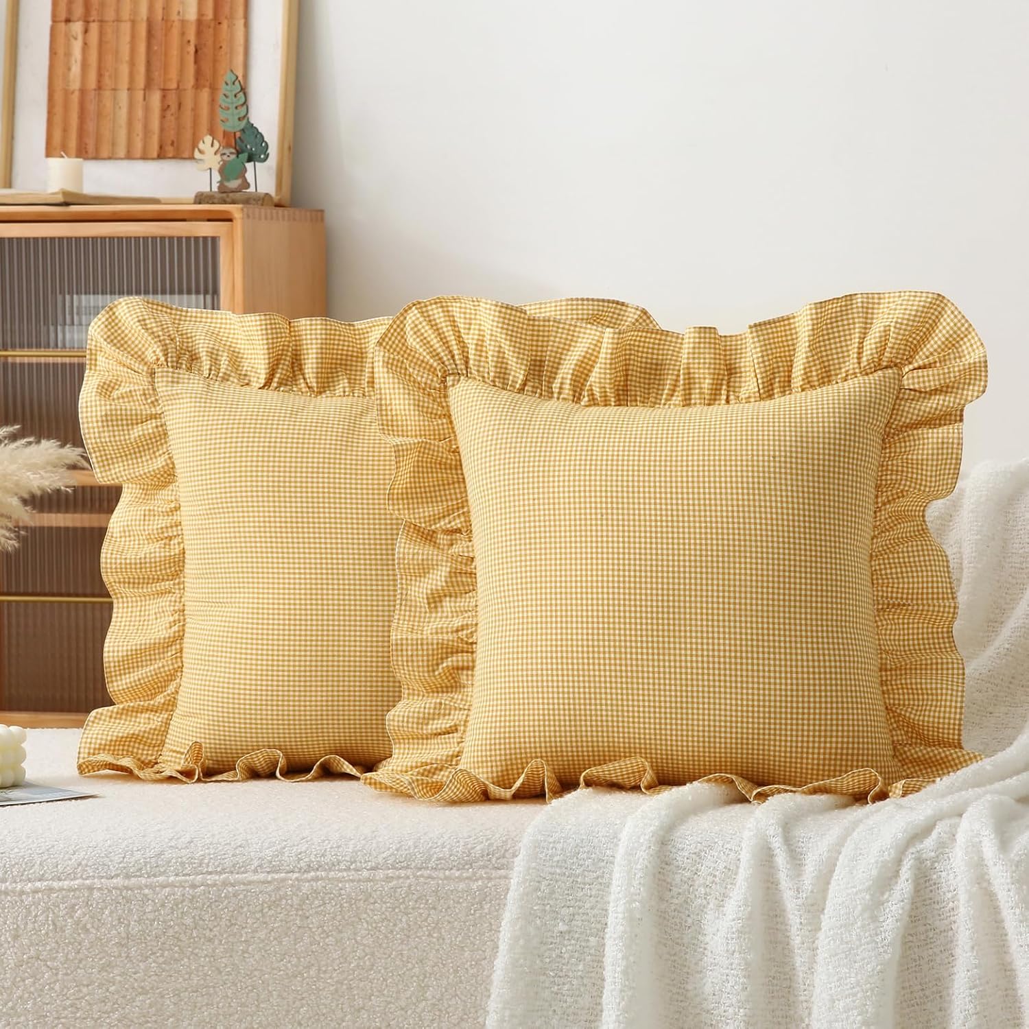 Jilboo 2 Pack 18 x18 inches Yellow/White Checkered Throw Pillow Covers 100% Washed Cotton Vintage Ruffle Trim Decorative Gingham Pillowcase…