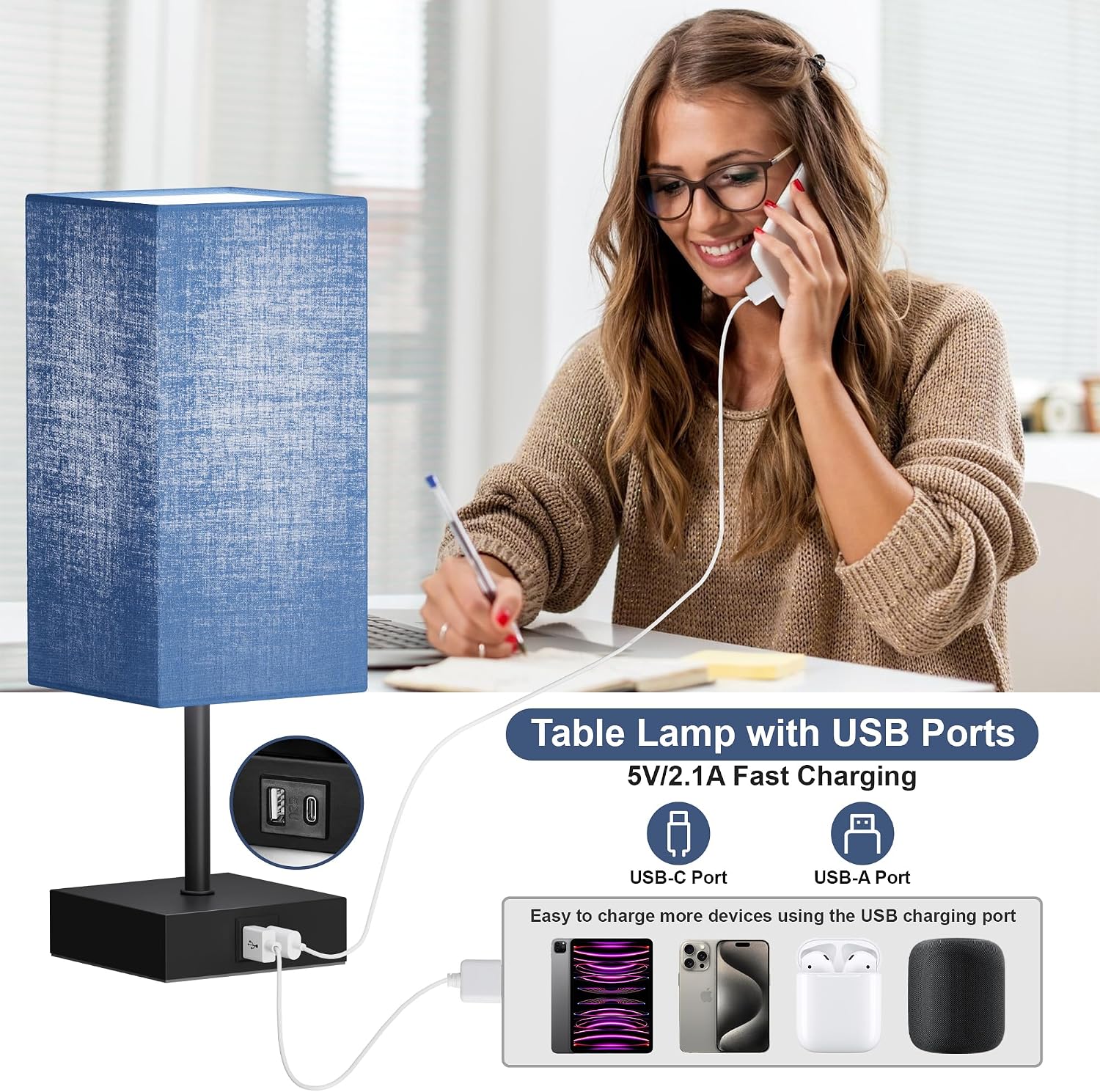 Bedside Table Lamp for Bedroom Set of 2, 3 Way Dimmable Touch Lamp with USB C+A Charging Ports, Small Nightand Lamps for Bedroom Decor…
