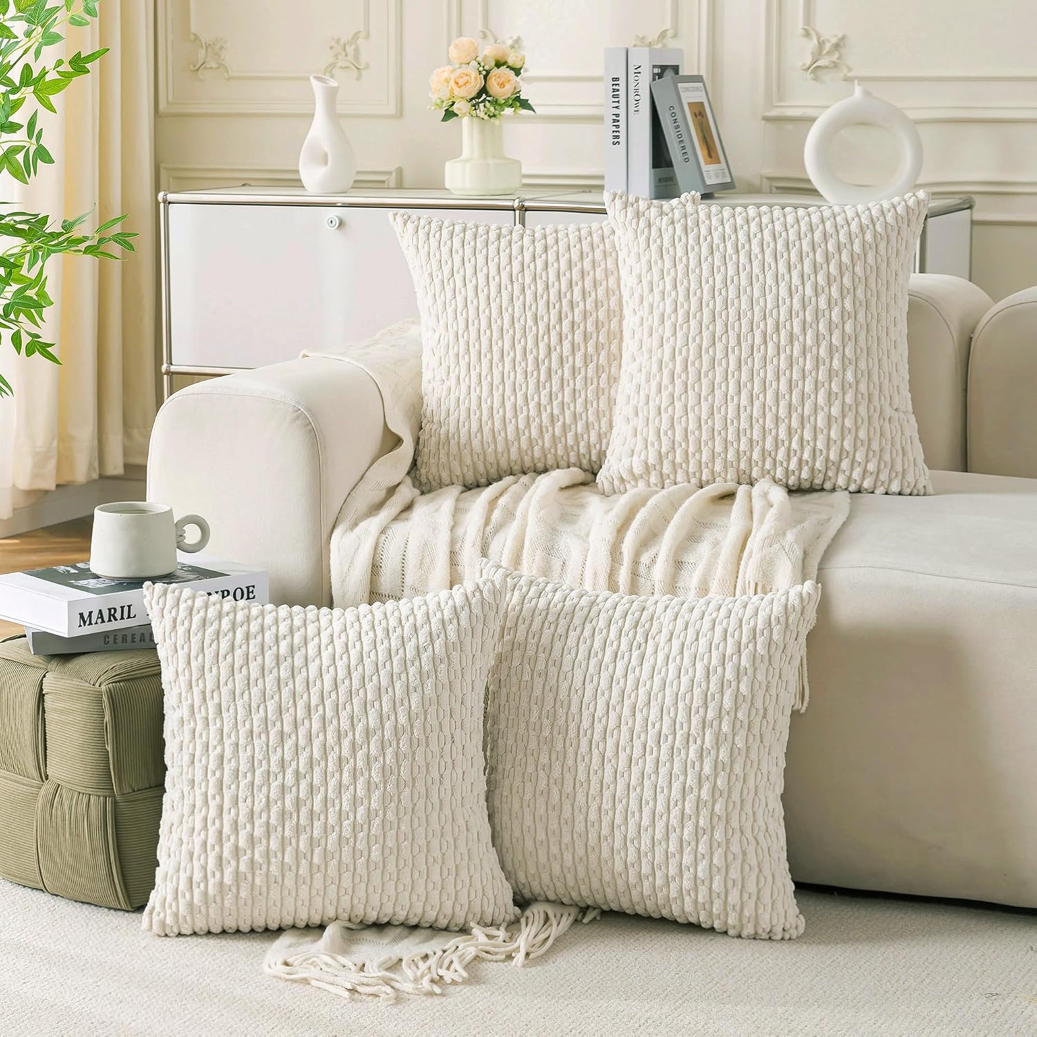 Cozoomy Set of 4 Cream White Decorative Throw Pillow Covers 26x26 Inch Corduroy Pillow Covers for Bed Couch Sofa Living Room Soft Square Cu…