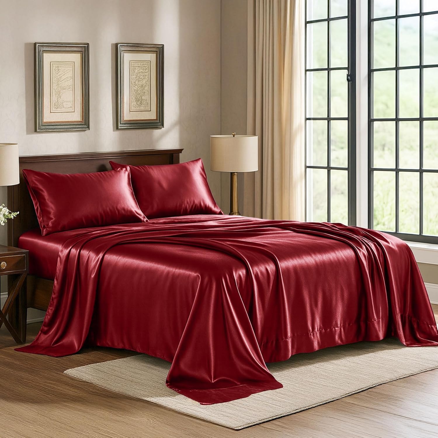 PureBedding Satin Sheets California King [4-Piece, Burgundy] Luxury Silky Bed Sheets - Extra Soft 1800 Microfiber Sheet Set, Wrinkle, Fade,…