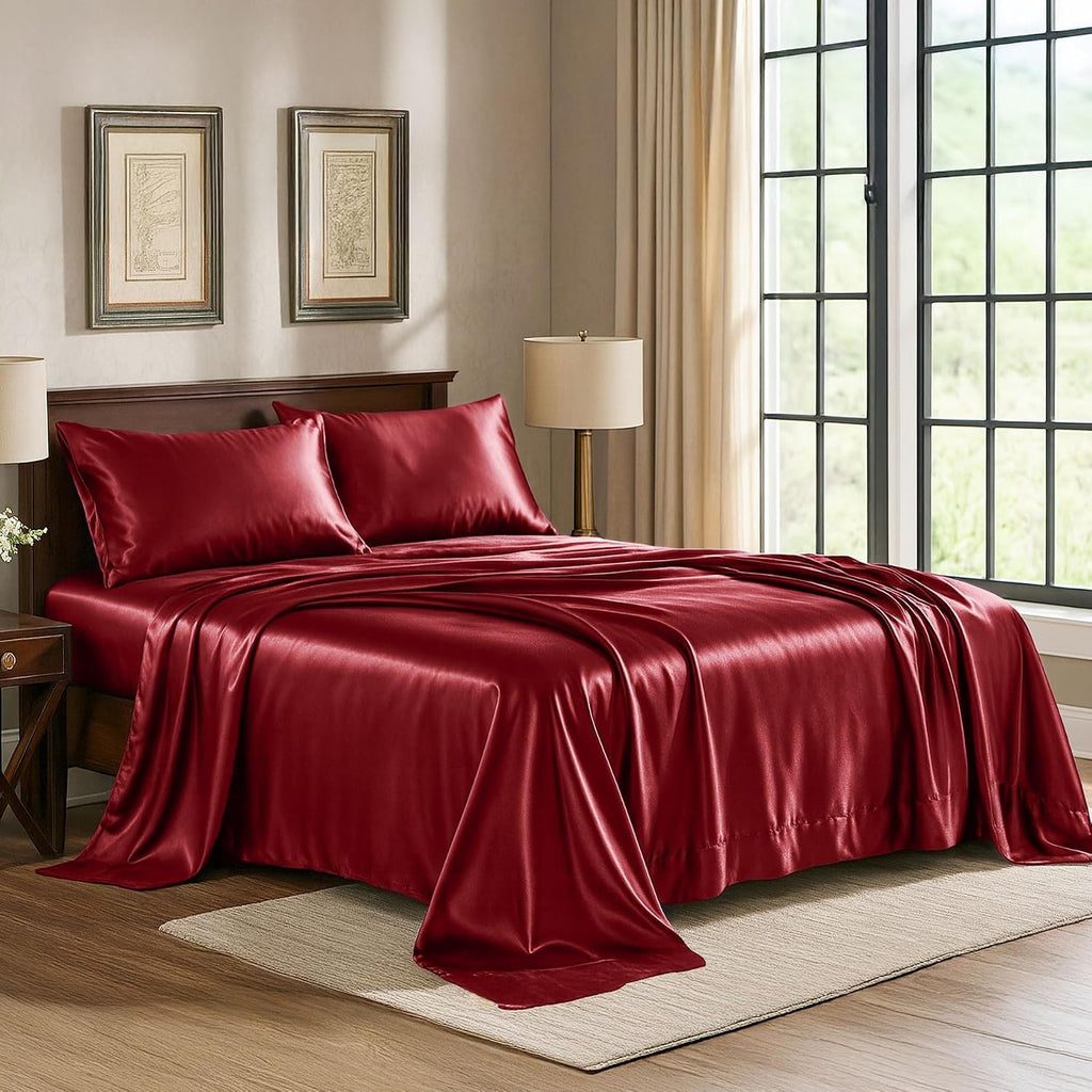 PureBedding Satin Sheets Full [4-Piece, Burgundy] Hotel Luxury Silky Bed Sheets - Extra Soft 1800 Microfiber Sheet Set, Wrinkle, Fade, Stai…