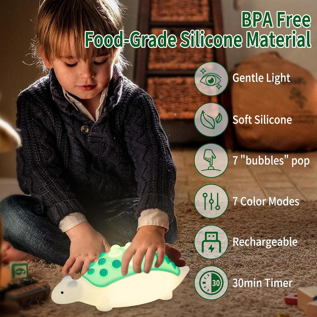 Dinosaur Kids Night Light, Silicone Nursery Dino Lamp with Pop Bubble,7 Nightlight Modes Rechargeable Bedside Touch, Baby Room Decor, Cute…
