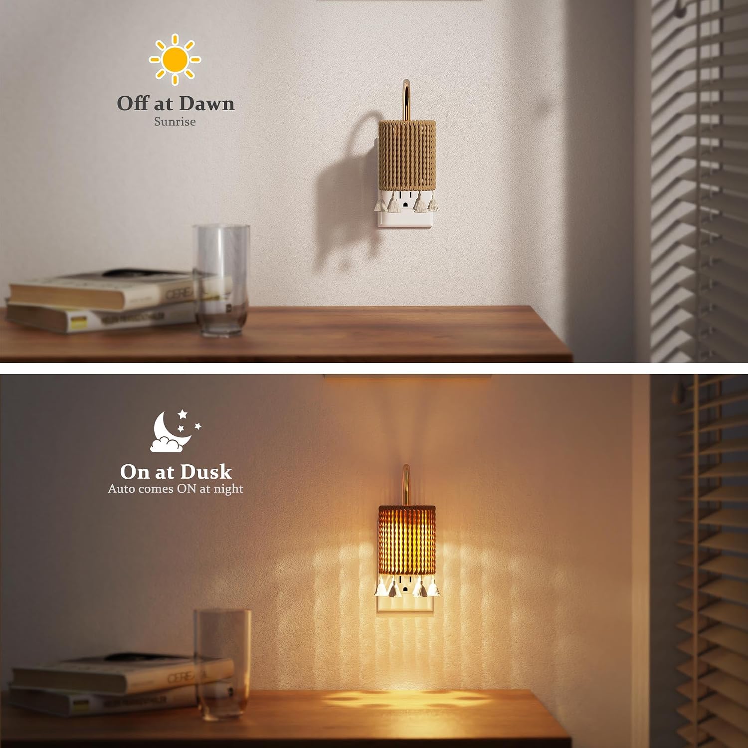 JandCase Night Lights Plug into Wall, Boho Night Light Dusk to Dawn Light Sensor, Warm White 3000K LED Nightlight, Adjustable Brightness…