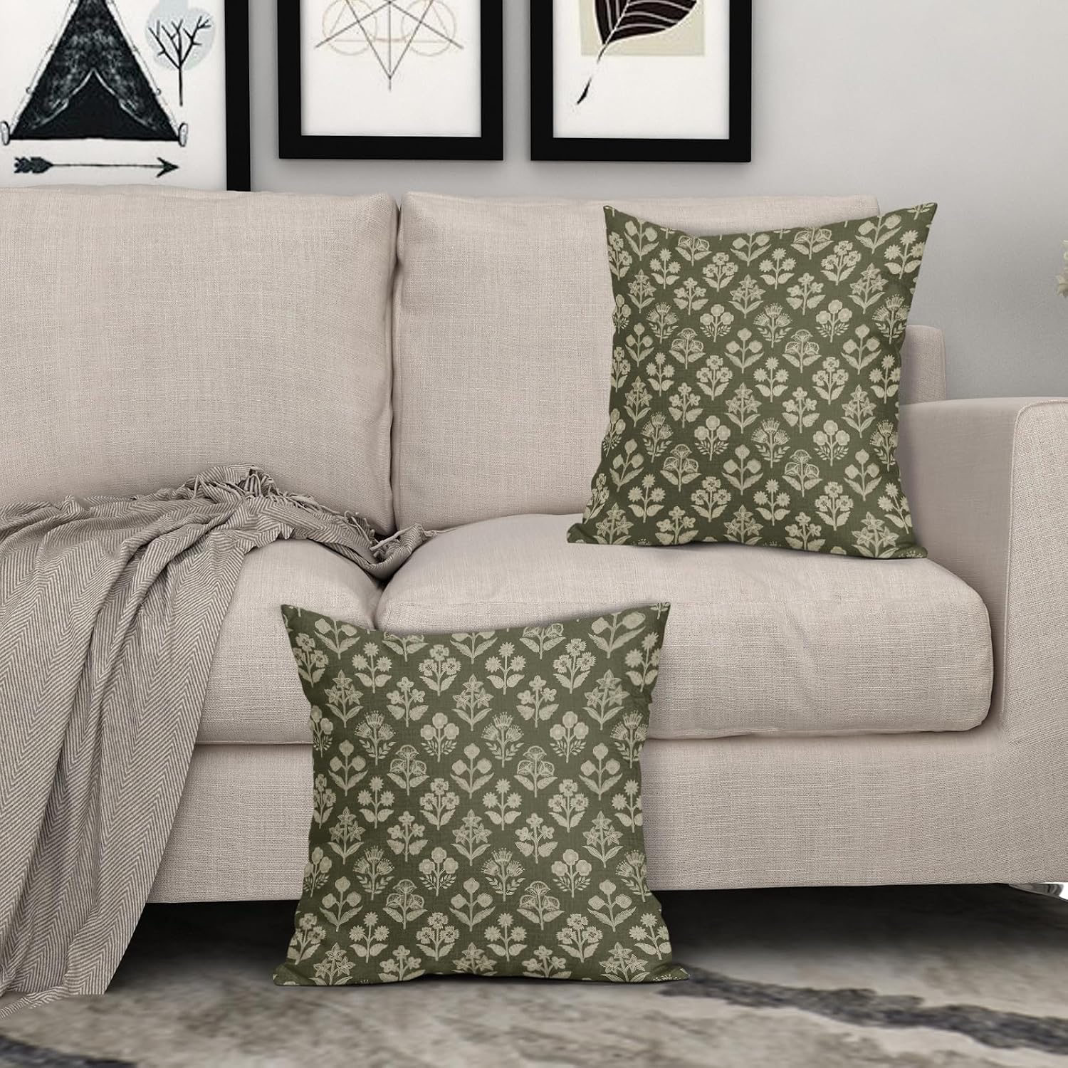 Olive Green Floral Block Print Pillow Covers 18x18 Inch Set of 2, Vintage Flower Pattern Decorative Throw Pillowcases Outdoor Farmhouse…