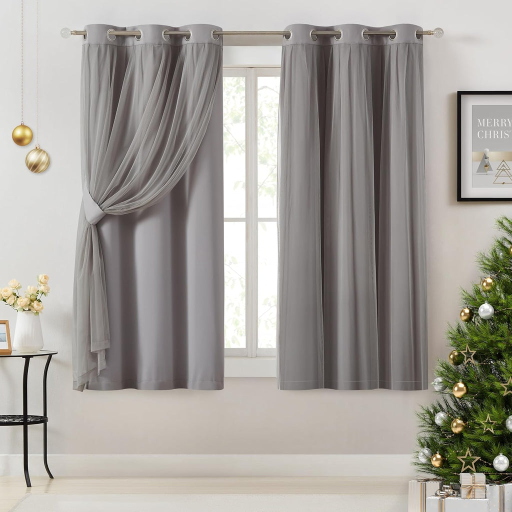 Bujasso Grey 90% Blackout Curtains with Sheer Overlay Mix and Match Double Layer Window Curtains Thermal Insulated 63 inch for Living Room…