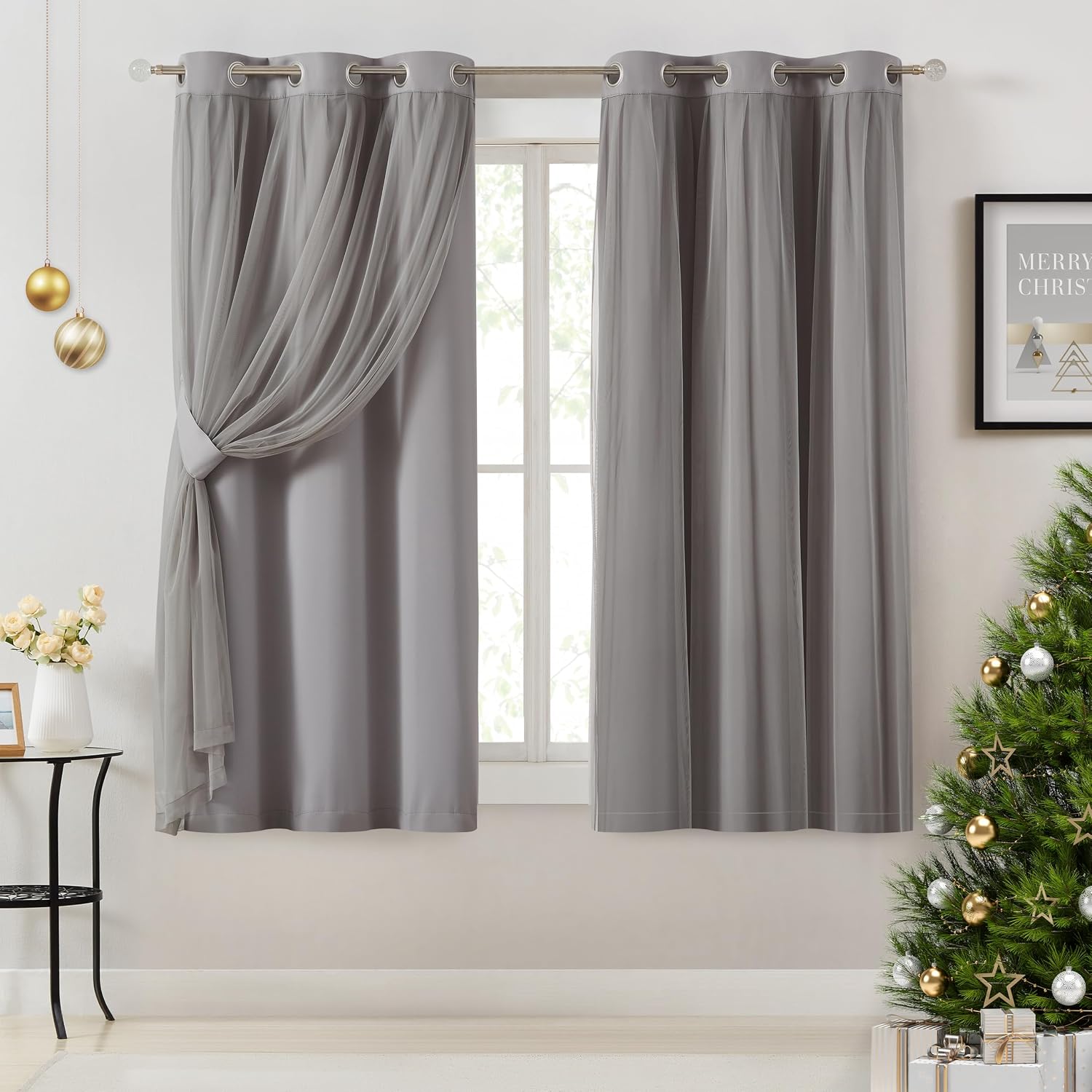 Bujasso Grey 90% Blackout Curtains with Sheer Overlay Mix and Match Double Layer Window Curtains Thermal Insulated 63 inch for Living Room…