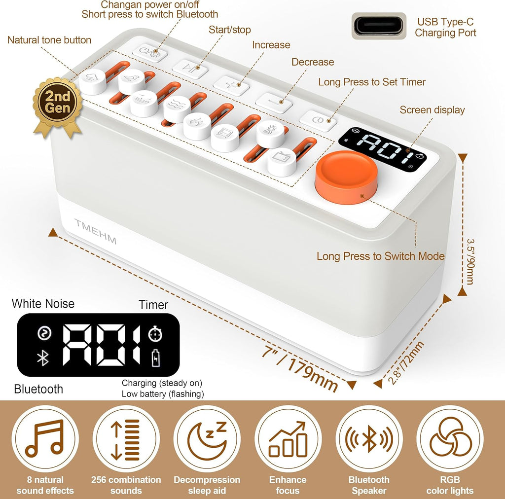 Tmehm 3-in-1 Sleep Sound Machine with 8 Mixable Nature Sounds, Portable Bluetooth Speaker & 12-Color Night Light, White Noise, Sleep Timer…