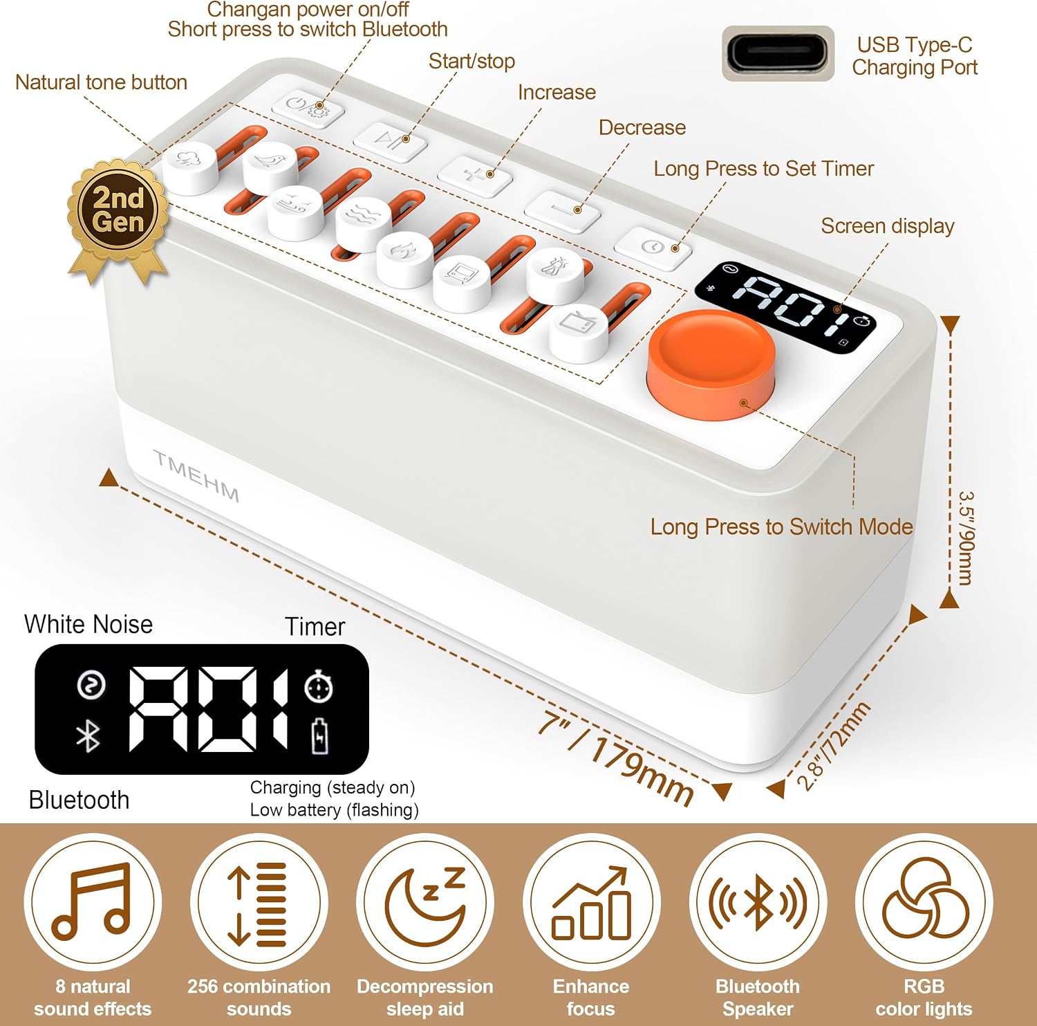Tmehm 3-in-1 Sleep Sound Machine with 8 Mixable Nature Sounds, Portable Bluetooth Speaker & 12-Color Night Light, White Noise, Sleep Timer…