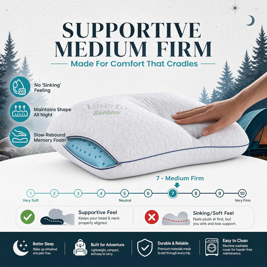Vaverto Small Memory Foam Bed Pillow for Camping - Compressible Medium Firm, Breathable Cover, Machine Washable, Ideal Backpacking