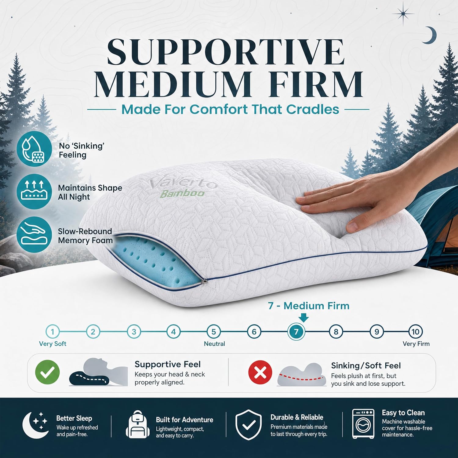 Vaverto Small Memory Foam Bed Pillow for Camping - Compressible Medium Firm, Breathable Cover, Machine Washable, Ideal Backpacking