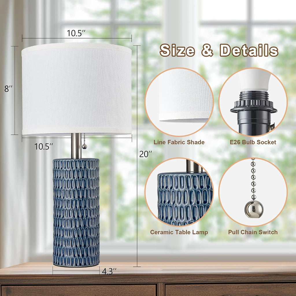 Reaketon Table Lamps for Living Room Set of 2, Ceramic Table Lamps for Bedroom, 20" Modern Lamps for Night Stands, Dark Blue