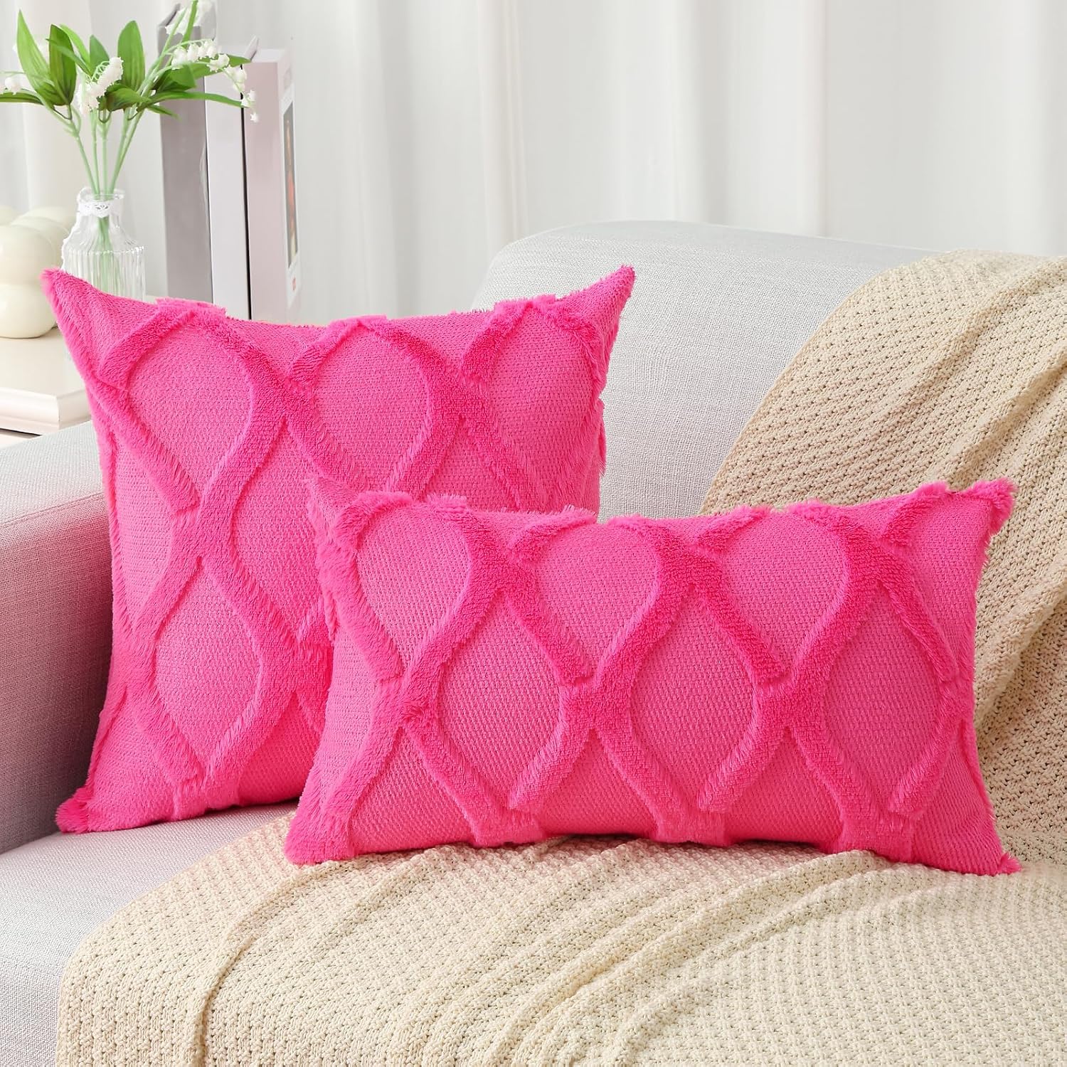 decorUhome Summer Throw Pillow Covers 16x16 Inch Set of 2, Soft Plush Faux Fur Wool Hot Pink Accent Couch Pillow Covers for Modern Farmhous…