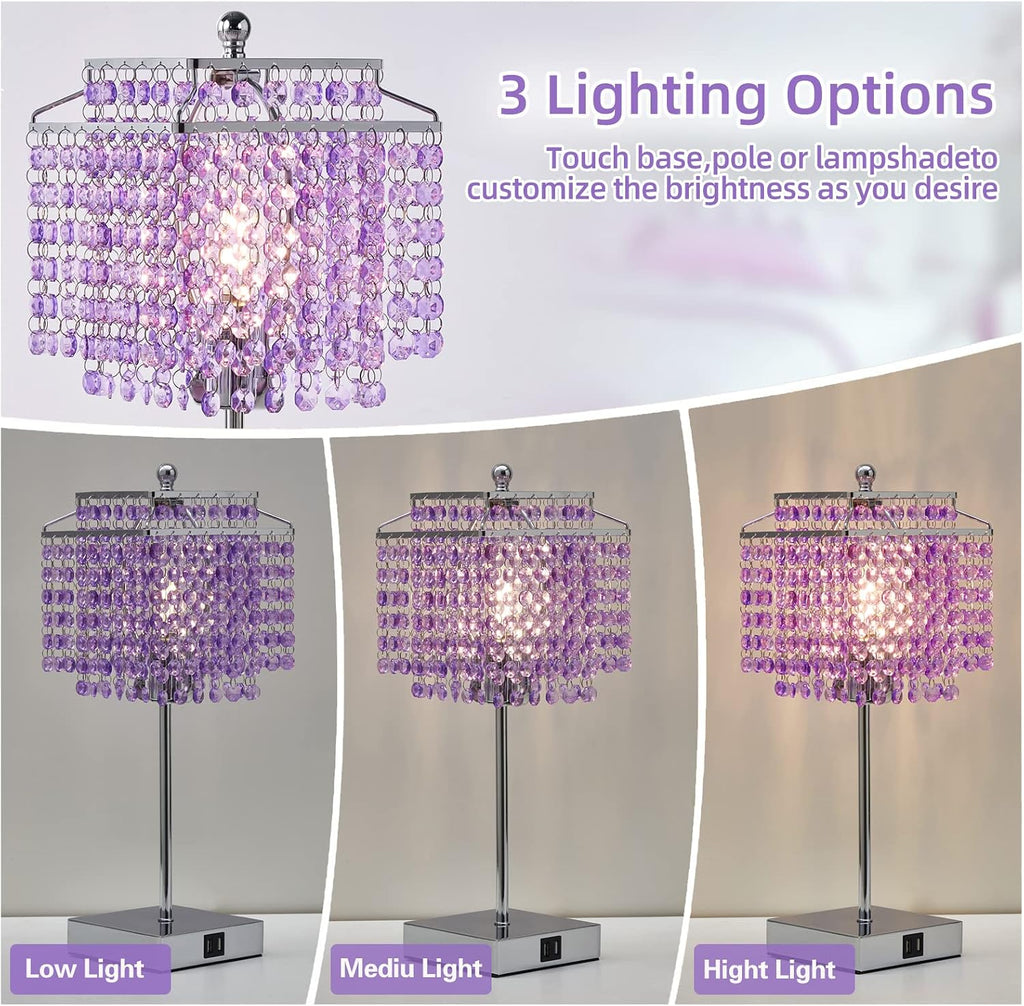 Luvkczc Purple Bedside Crystal Table Lamp Set of 2, Touch Control Lamps, Dimmable Lamp with Crystal Shade for Bedroom, Girl Living Room…
