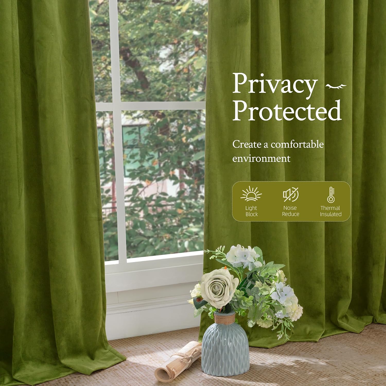 Lamit Moss Green Velvet Curtains for Living Room 102 Inch Length, Vintage Thermal Insulated Room Darkening Drapes Super Soft Back Tab and R…