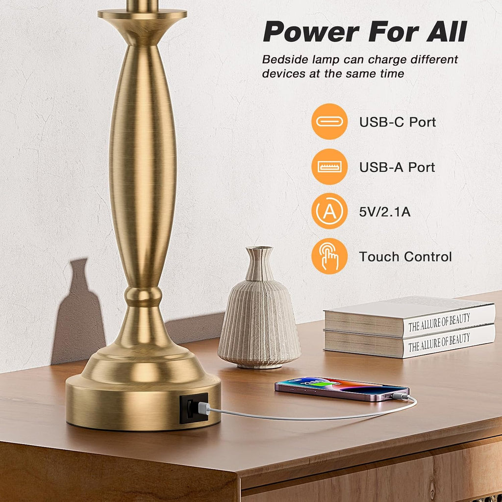 Seealle White Gold Lamps for Bedrooms Set of 2 - Touch Control Bedside Lamp with USB C+A, 3 Way Dimmable Nightstand Lamps with USB Port…