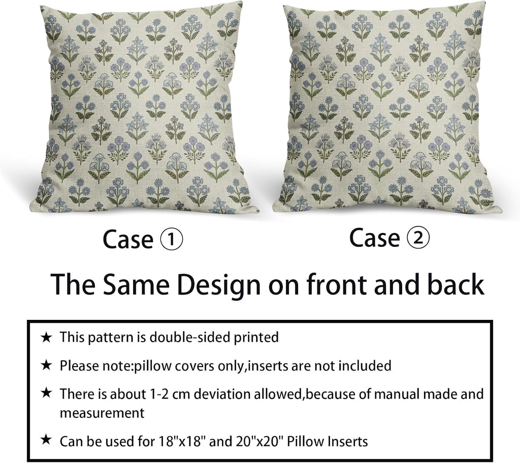 Blue Green Block Print Pillow Covers 20x20 Inch Set of 2, Vintage Floral Spring Decorative Throw Pillow Cases Boho Cushion Covers Rustic…