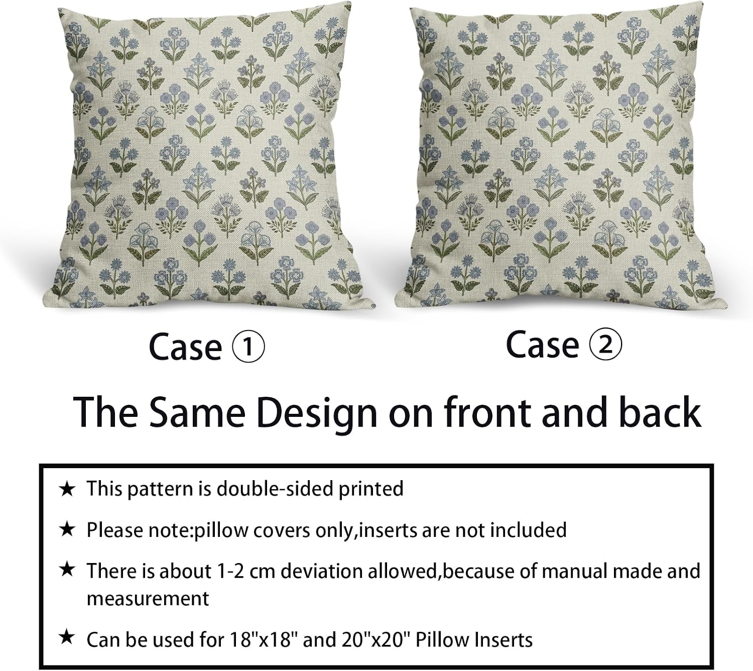 Blue Green Block Print Pillow Covers 20x20 Inch Set of 2, Vintage Floral Spring Decorative Throw Pillow Cases Boho Cushion Covers Rustic…