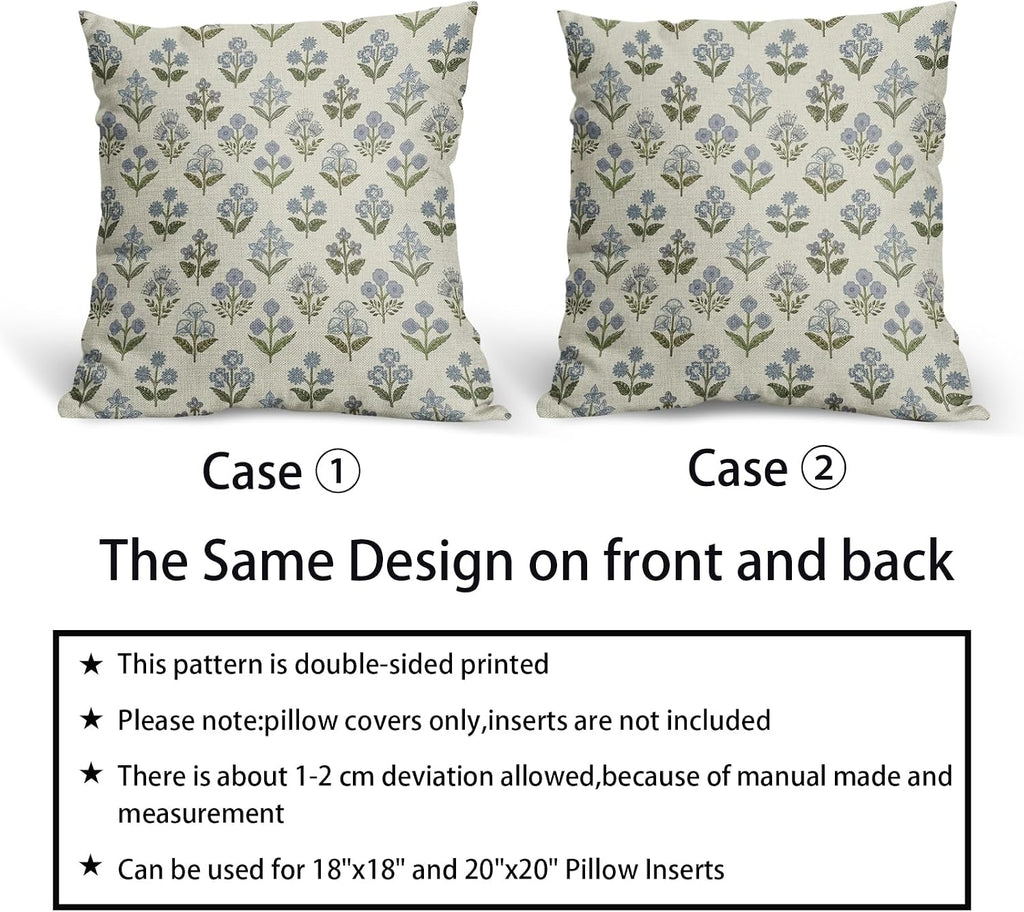 Blue Green Block Print Pillow Covers 22x22 Inch Set of 2, Vintage Floral Spring Decorative Throw Pillow Cases Boho Cushion Covers Rustic…