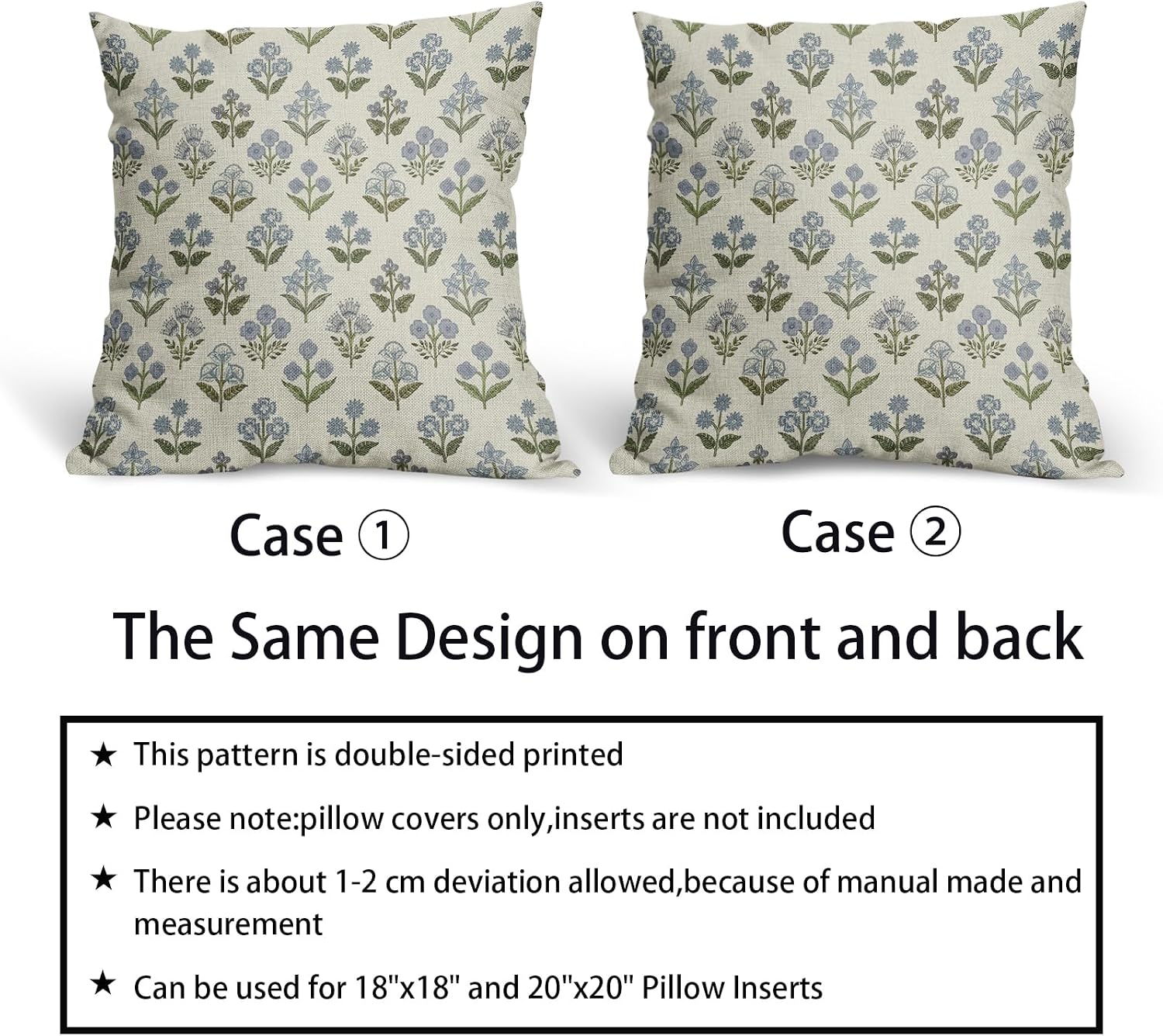 Blue Green Block Print Pillow Covers 18x18 Inch Set of 2, Vintage Floral Spring Decorative Throw Pillow Cases Boho Cushion Covers Rustic…