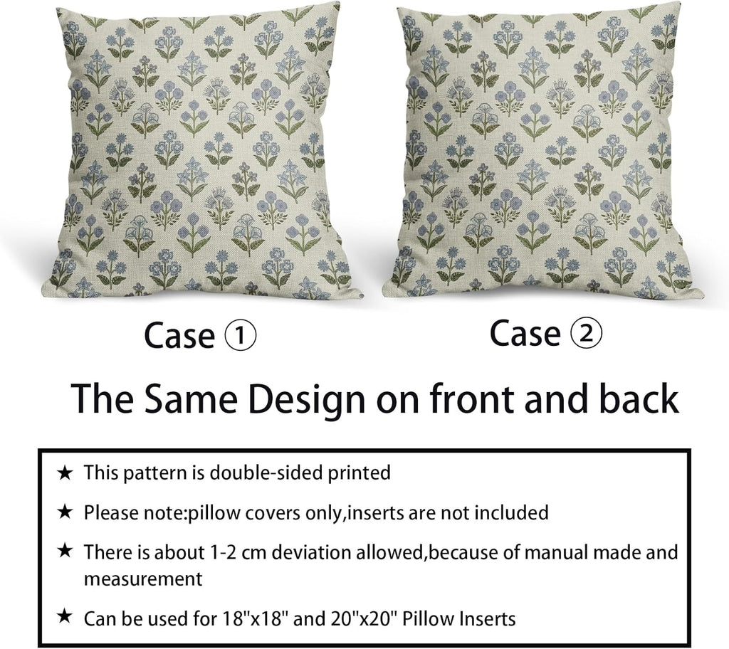 Blue Green Block Print Pillow Covers 16x16 Inch Set of 2, Vintage Floral Spring Decorative Throw Pillow Cases Boho Cushion Covers Rustic…