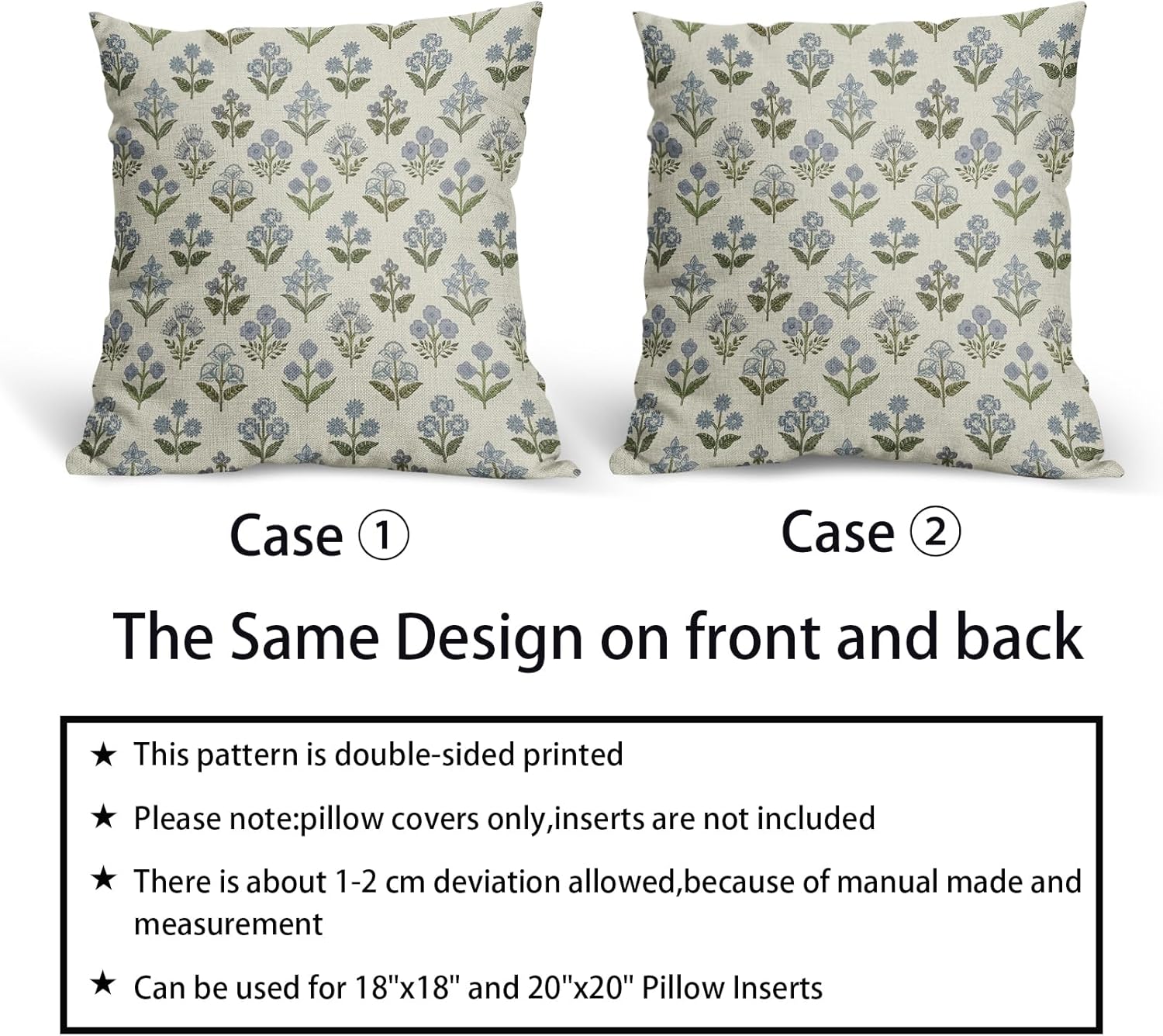 Blue Green Block Print Pillow Covers 16x16 Inch Set of 2, Vintage Floral Spring Decorative Throw Pillow Cases Boho Cushion Covers Rustic…