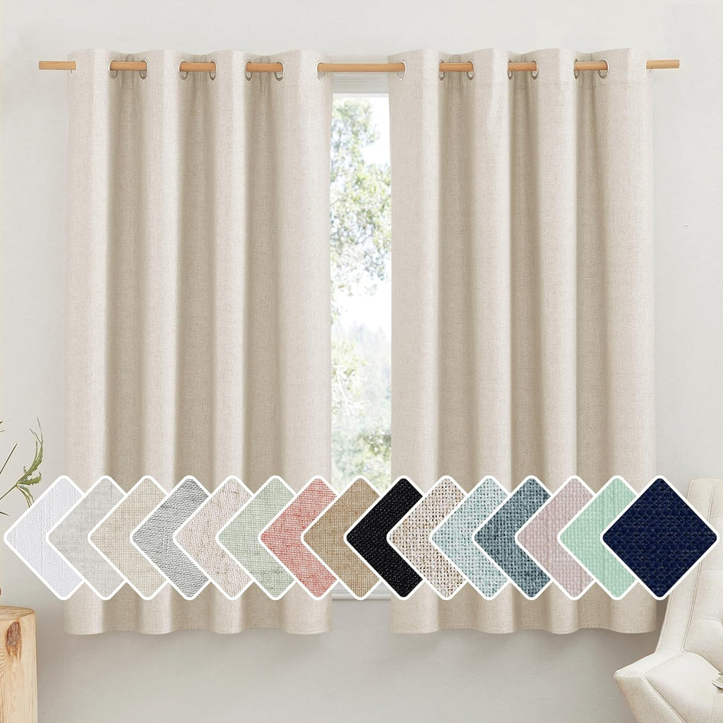 NICETOWN 100% Absolutely Blackout Linen Curtains with Thermal Insulated White Liner, Beige, 52" Wide by 63" Long, 2 Pieces, Anti-Rust…