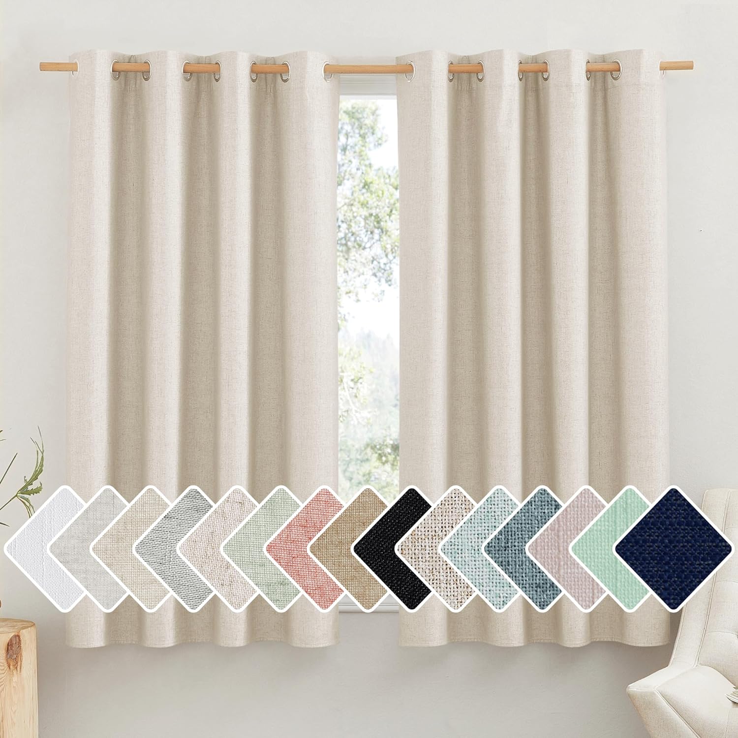NICETOWN 100% Absolutely Blackout Linen Curtains with Thermal Insulated White Liner, Beige, 52" Wide by 63" Long, 2 Pieces, Anti-Rust…