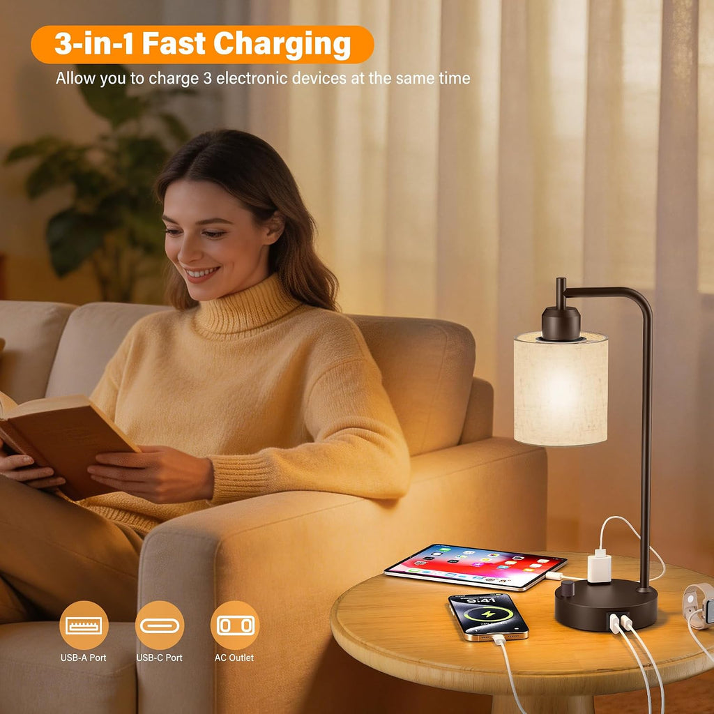 SIBRILLE Industrial Table Lamps with Linen Shade, Set of 2 Fully Dimmable Bedside Lamps with USB A+C Ports and Outlet, Brown Nightstand…