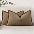 decorUhome Summer Decorative Neutral Linen Fringe Lumbar Throw Pillow Covers Set of 2 Light Brown Pillow Covers with Tassels Soft Farmhouse…