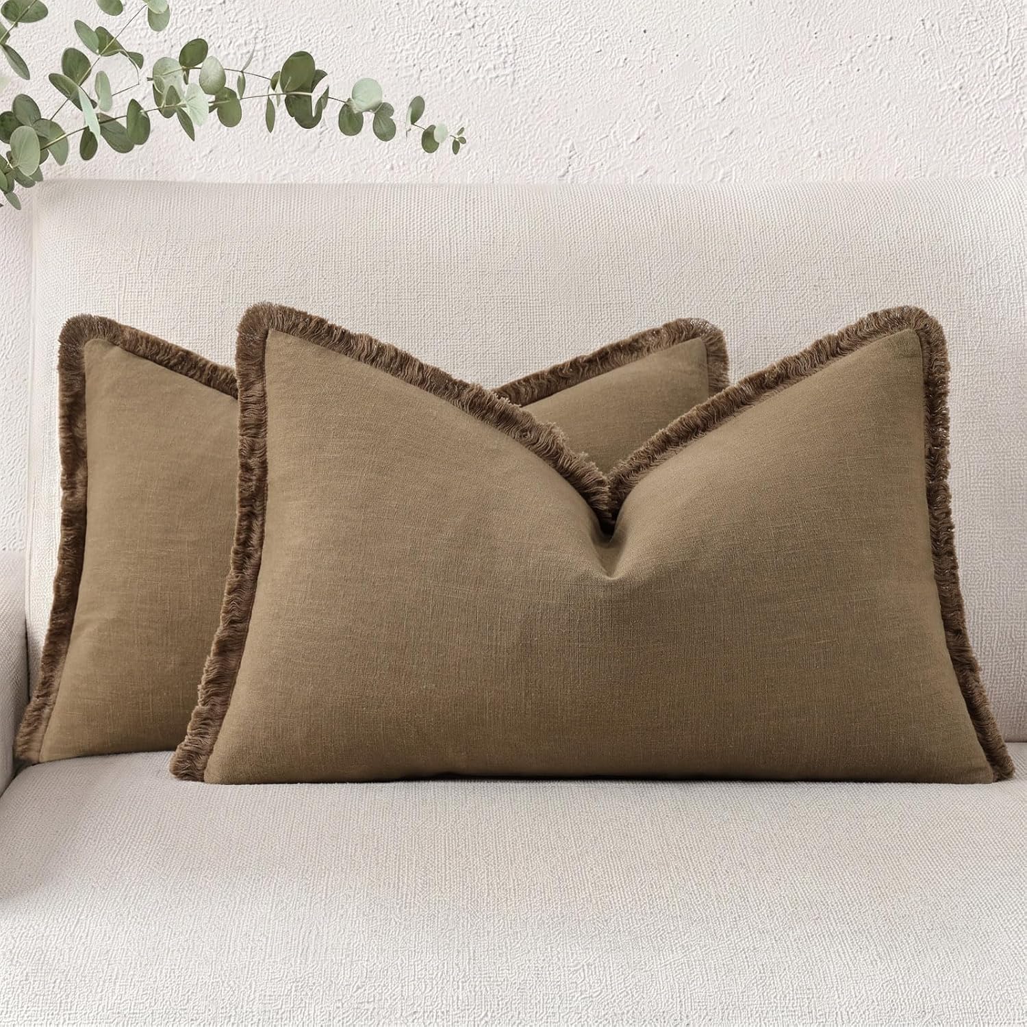decorUhome Summer Decorative Neutral Linen Fringe Lumbar Throw Pillow Covers Set of 2 Light Brown Pillow Covers with Tassels Soft Farmhouse…