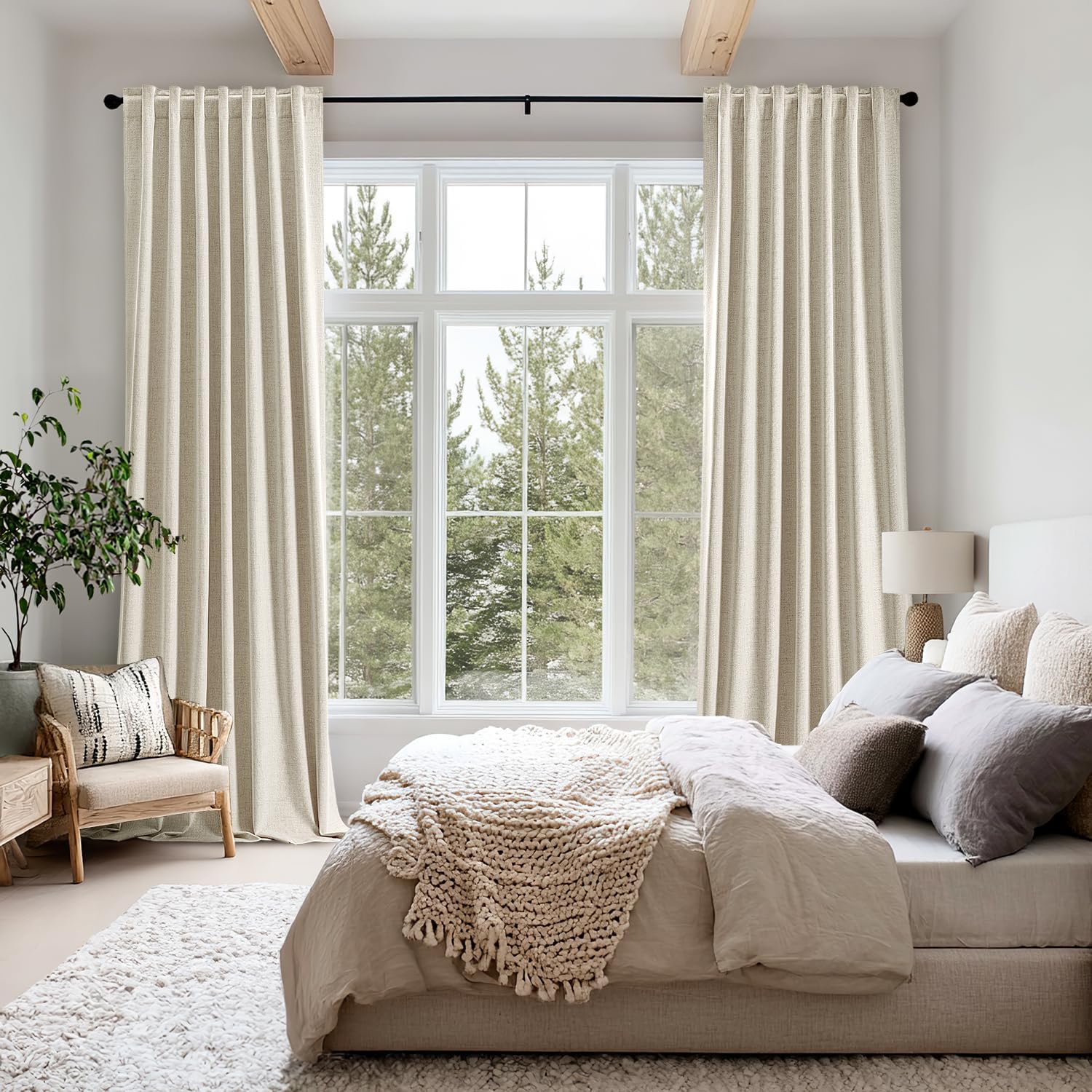 Miulee 100% Blackout Linen Curtains for Bedroom, Cream Solid Luxury Decor Thermal Insulation Room Darkening Drapes for Living Room Nursery…