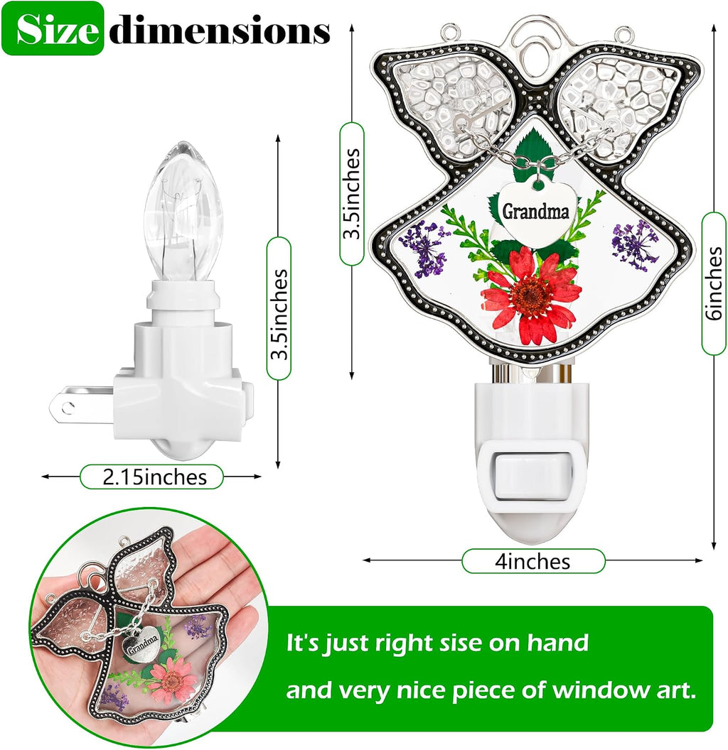 KY&BOSAM Night Light Grandma Stained Glass Angel Night Lights Plug Into Wall with Real Flower in Glass and Metal Charm Night Light for…