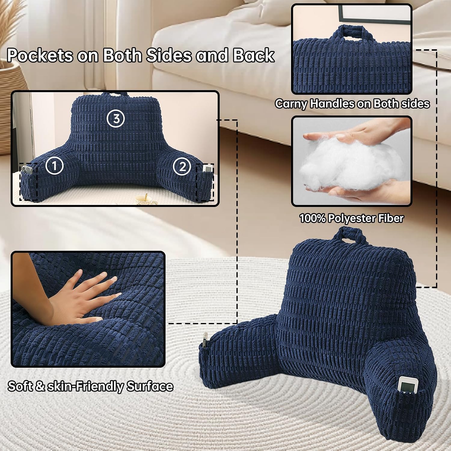 Pajeo Reading Pillow for Sitting in Bed with Arm Rests,100% 7D Fiber Filling Sitting Pillow for Back Support, Oeko-TEX Certified Backrest Pi…