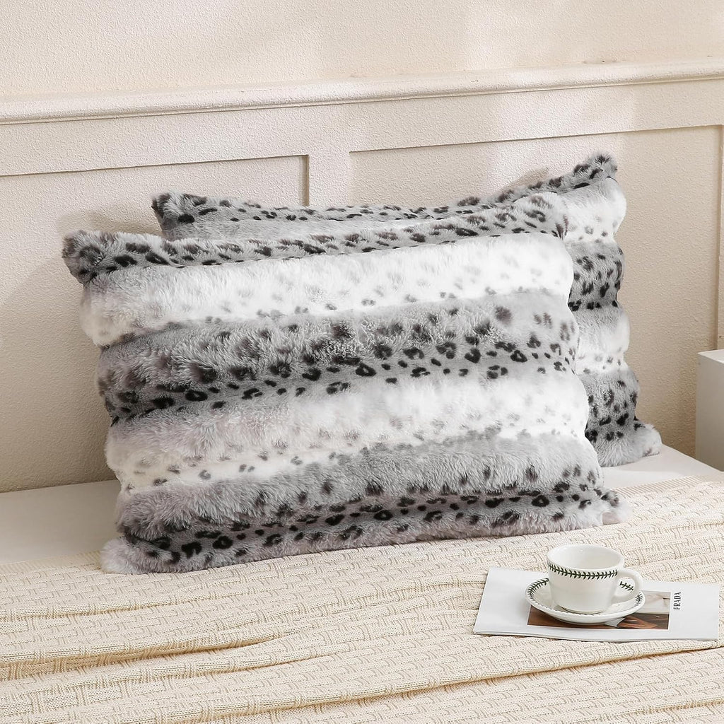 Chumerry Fuzzy Faux Fur Pillow Case Plush Shaggy Pillow Cover Plaid Check Texture Extra Soft Fluffy Faux Rabbit Fur Fabric Gray Decorative…