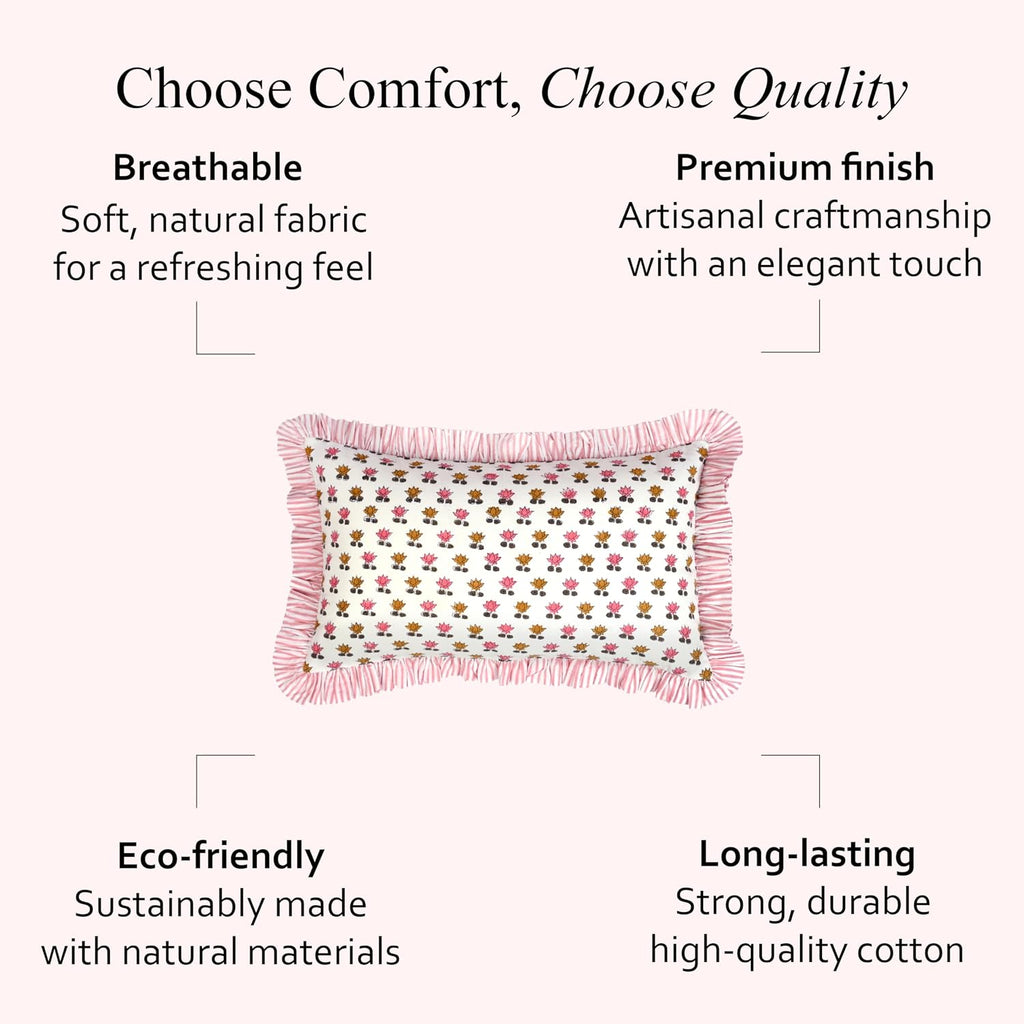 Cottonprintclub CPC Hand Block Print Rosette Bloom Ruffle Sham Pillow Cover 20" x 12" inch Hidden Zipper Decorative Pillowcase for Couch, B…