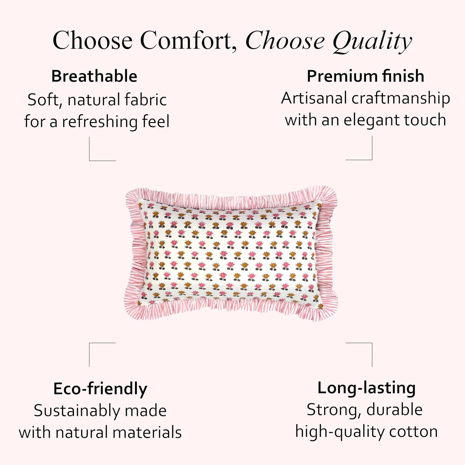 Cottonprintclub CPC Hand Block Print Rosette Bloom Ruffle Sham Pillow Cover 20" x 12" inch Hidden Zipper Decorative Pillowcase for Couch, B…