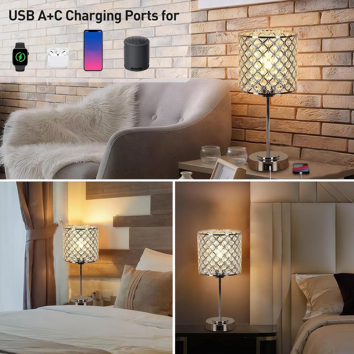 Crystal Table Bedside Lamp Touch Control, Dimmable Small Nightstand Lamp Set of 2 with USB-C+A Charging Ports, Decorative Silver Tabletop…