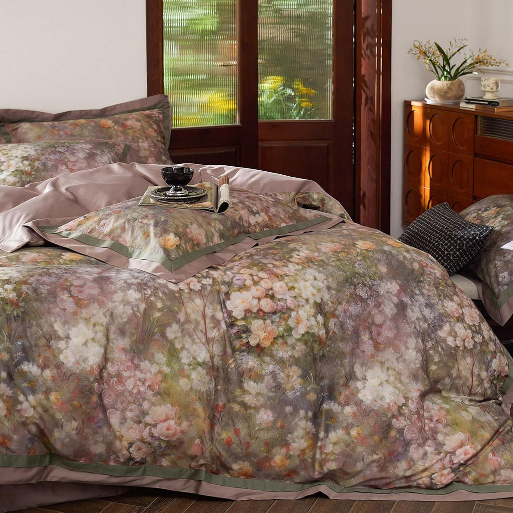 mixinni Vintage Floral Duvet Cover Set - Queen Size, 100% Long Staple Cotton Percale, Reversible Garden Style Bedding Set with Zipper Closu…