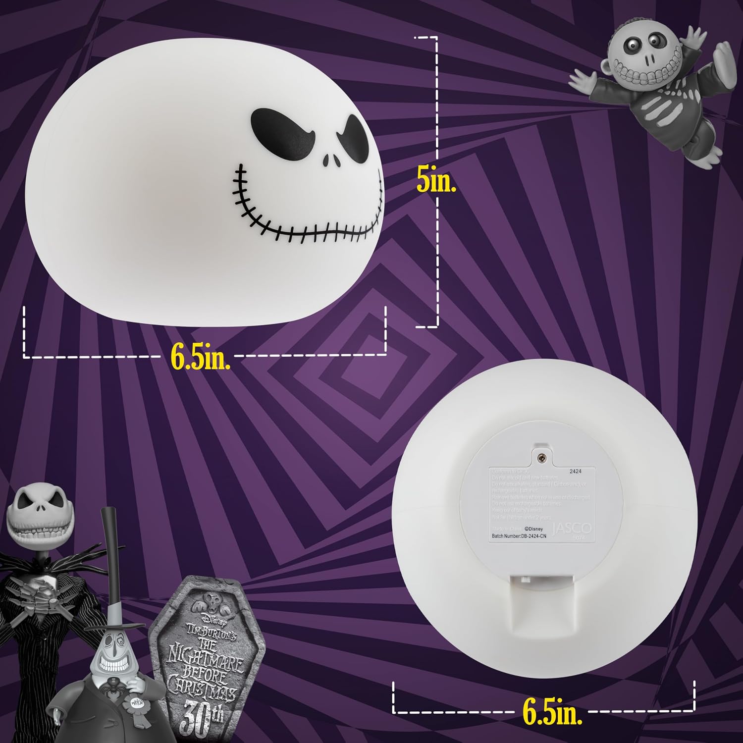 Disney Jack Skellington Squishy Light - Color-Changing Night Light for Kids & Adults, USB/Battery Operated Dimmable Lamp, Halloween &…